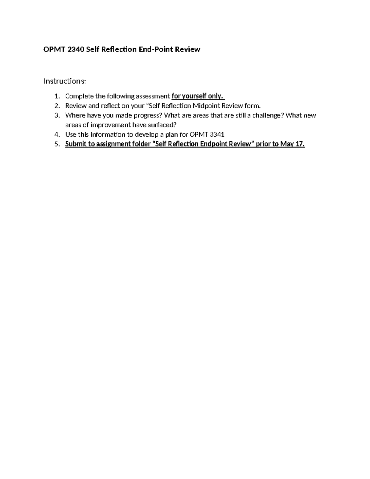 OPMT 2340 Self reflection endpoint review - OPMT 2340 Self Reflection ...