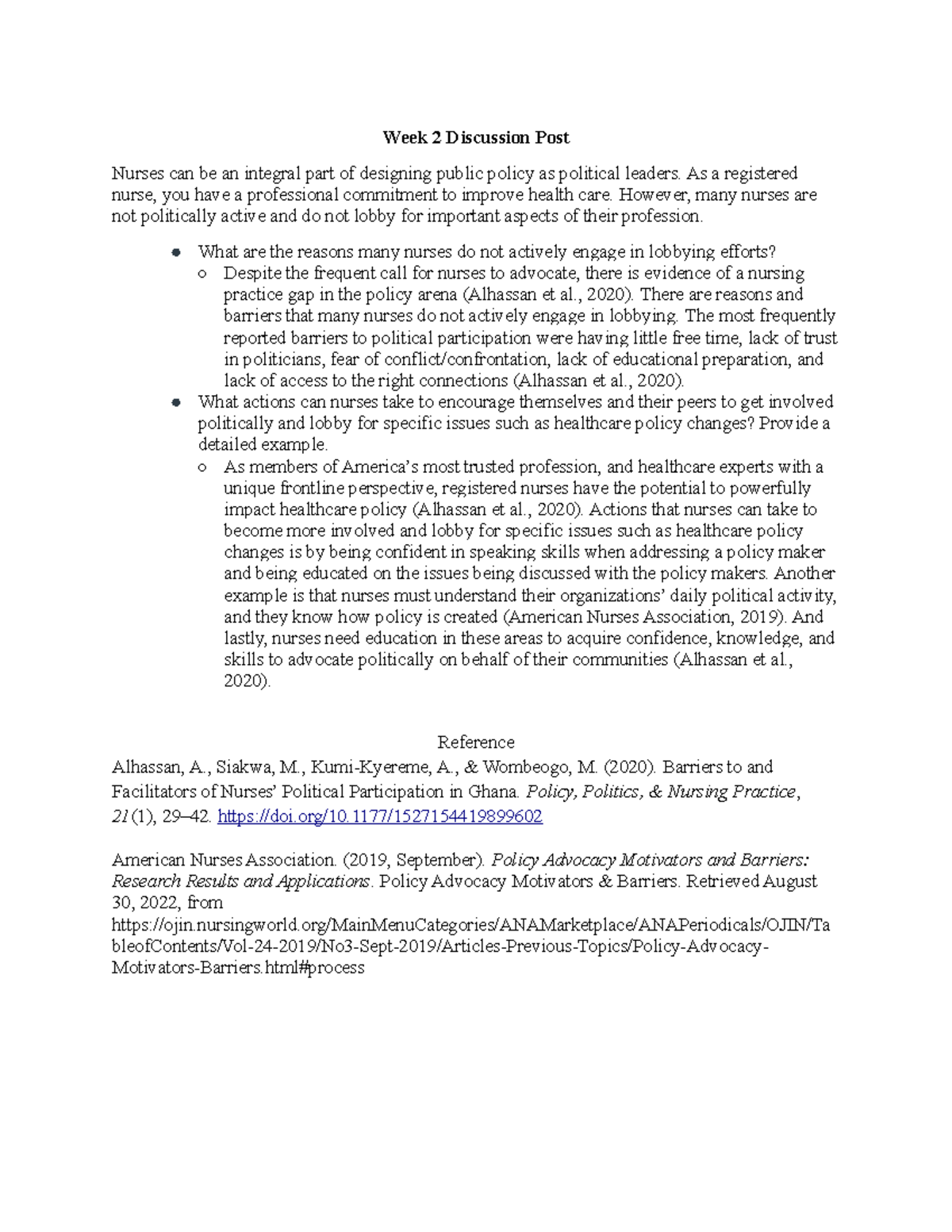 NURS 440 Week 2 Discussion Post - Week 2 Discussion Post Nurses can be ...