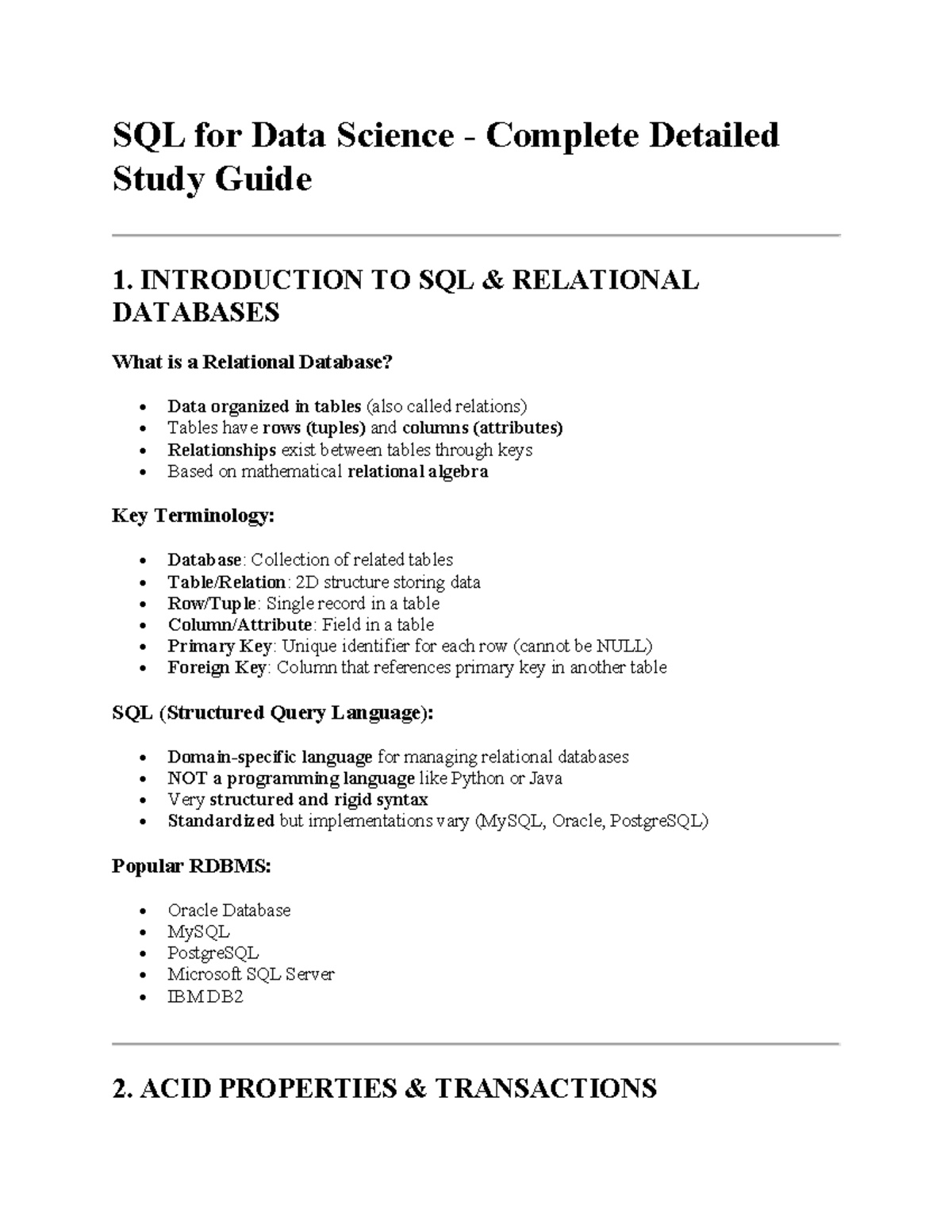 SQL for Data Science: Comprehensive Study Guide - Studocu