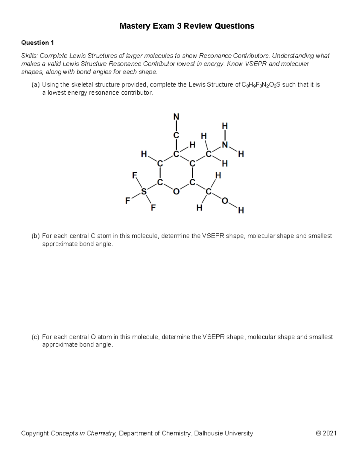 Mastery Exam 3 Review Questions for Chem 101: Lewis Structures & VSEPR ...