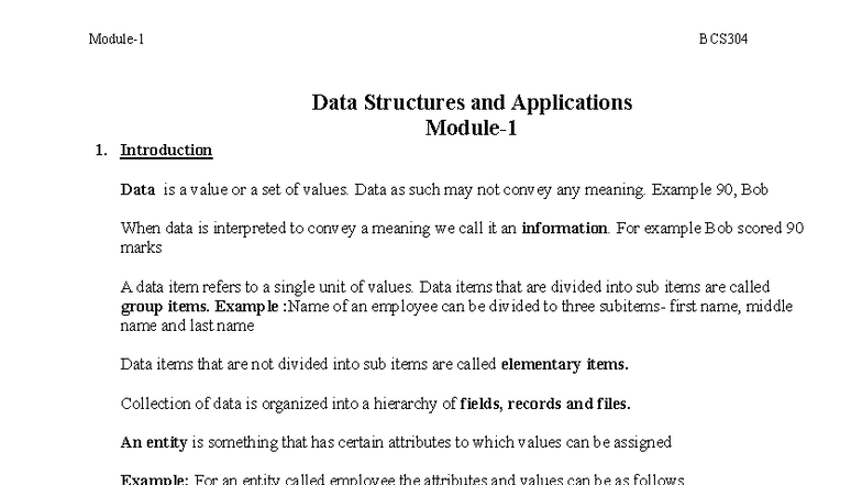 BCS304 Data Structures and Applications: Module 1 Overview - Studocu