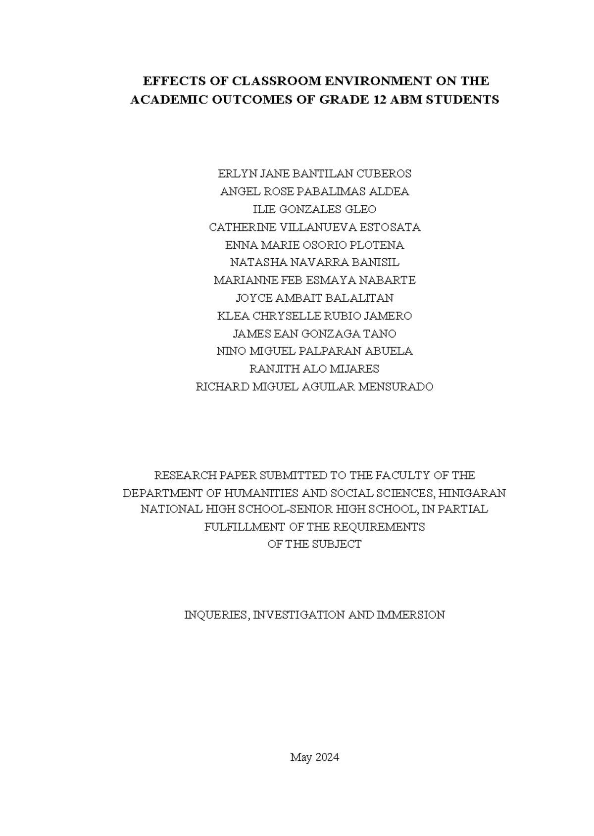 Effects of Classroom Environment on Academic Outcomes of Grade 12 ABM ...