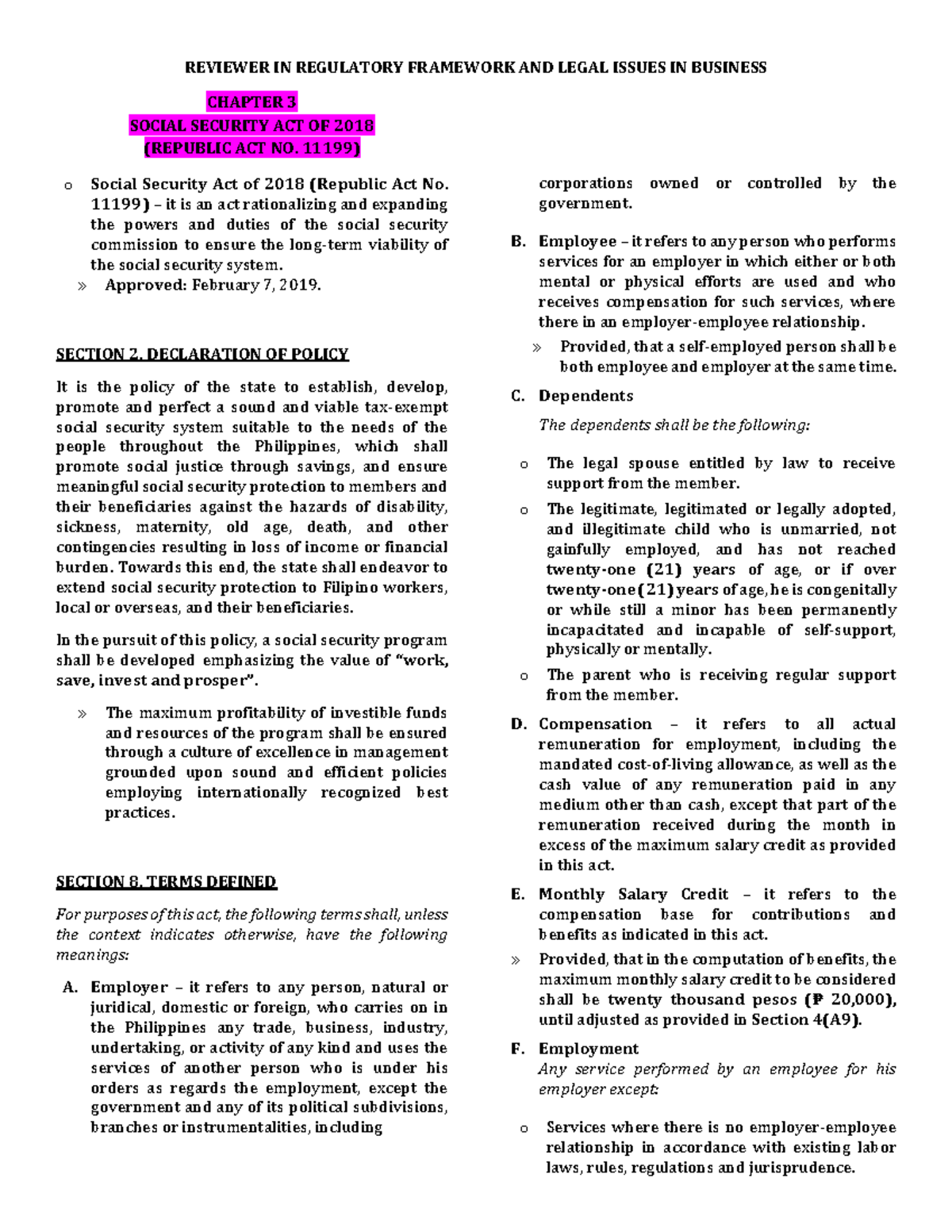 RFBT - Chapter 3 - Overview of the Social Security Act of 2018 - Studocu