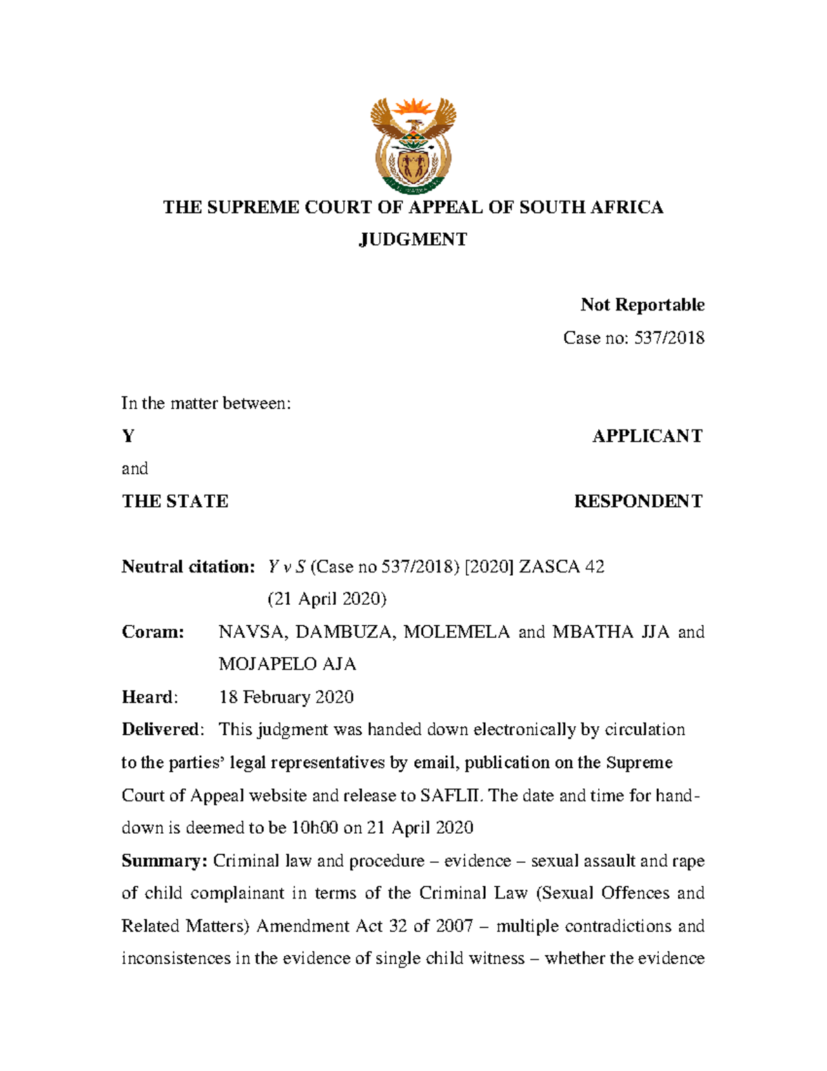 ZASCA 42: Judgment on Appeal in Y v S - Sexual Assault Case Analysis ...