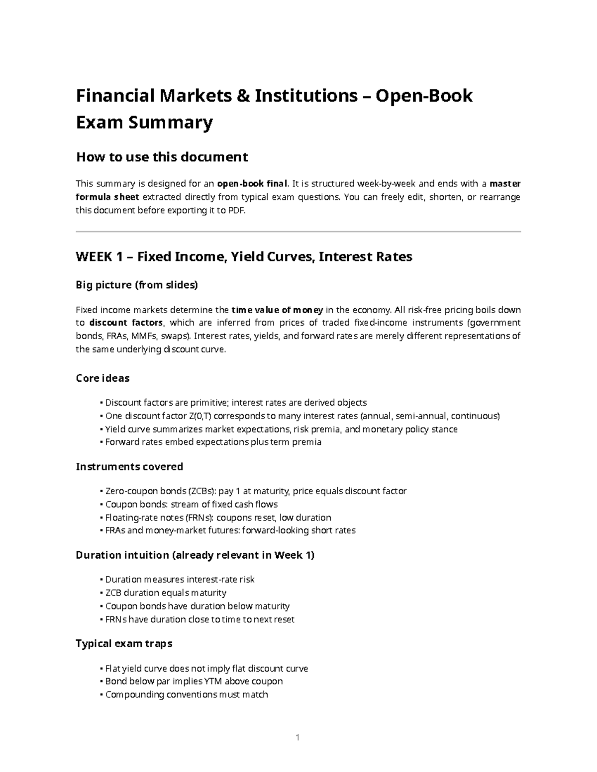 FMI Financial Markets Institutions Final Exam Summary (Weeks 1-5 ...
