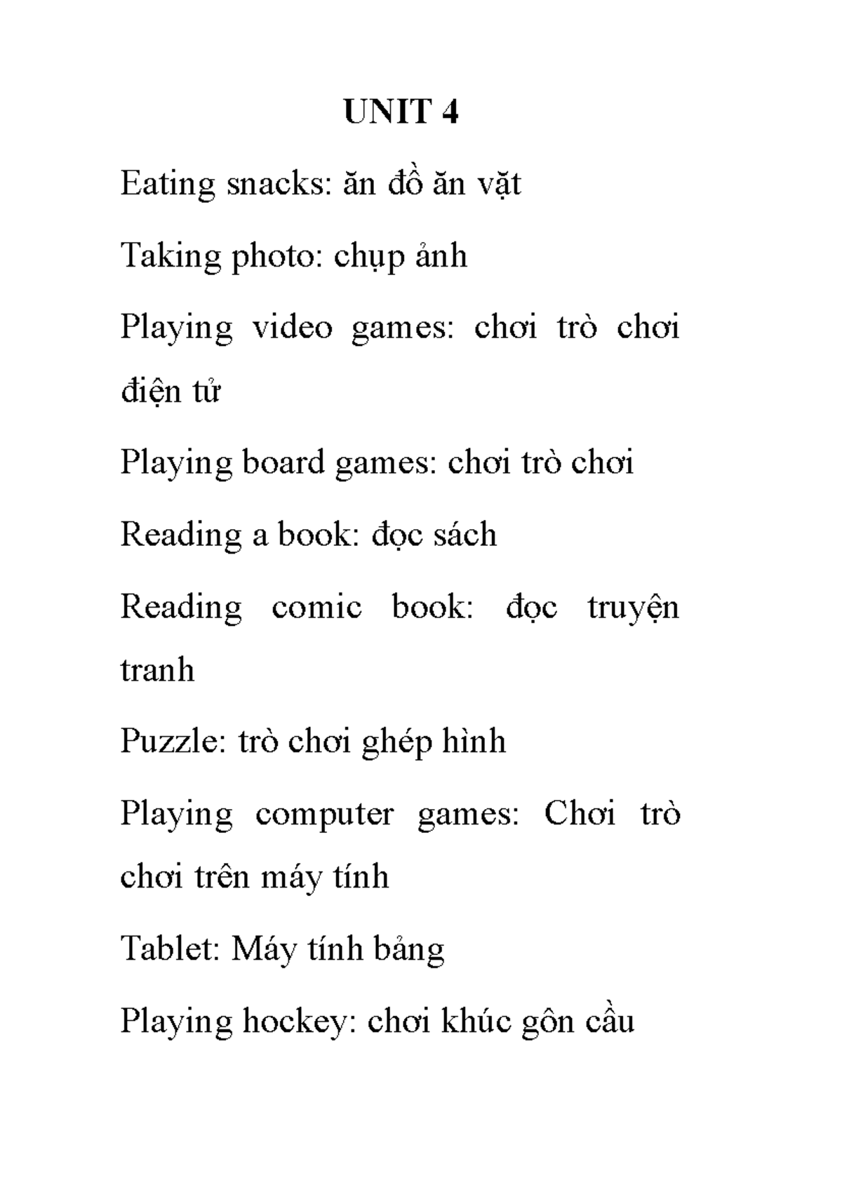 UNIT 4 - Activities and Hobbies: Vocabulary and Practice - Studocu