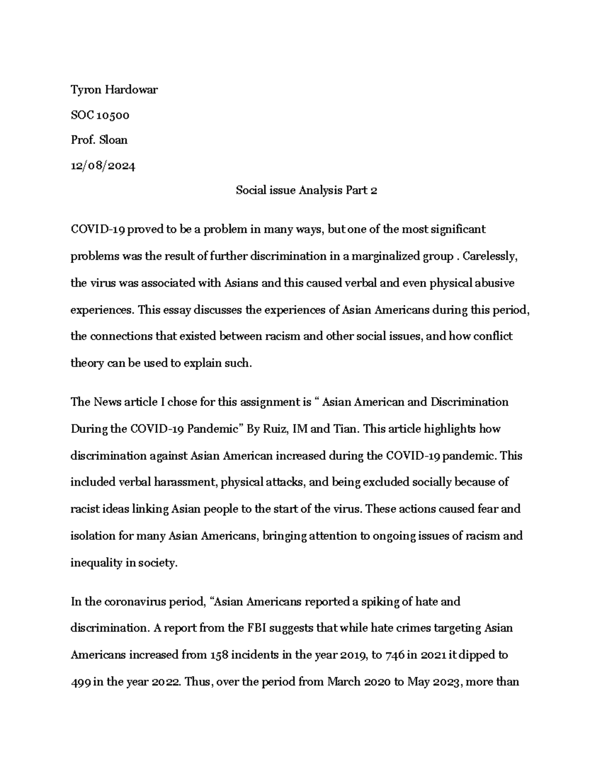 Social Issue Pt 2 - Work - Tyron Hardowar SOC 10500 Prof. Sloan 12/08 ...