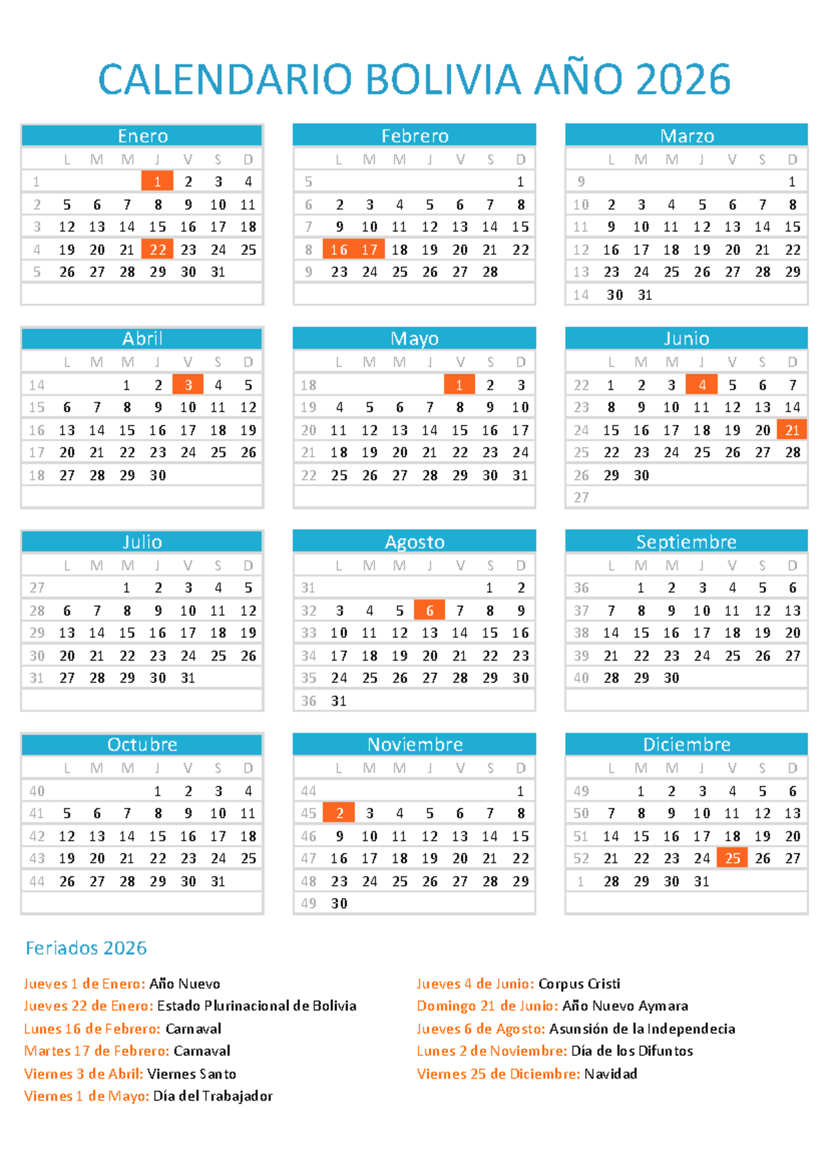 Calendario Bolivia 2026: Fechas y Feriados Importantes - Document Preview