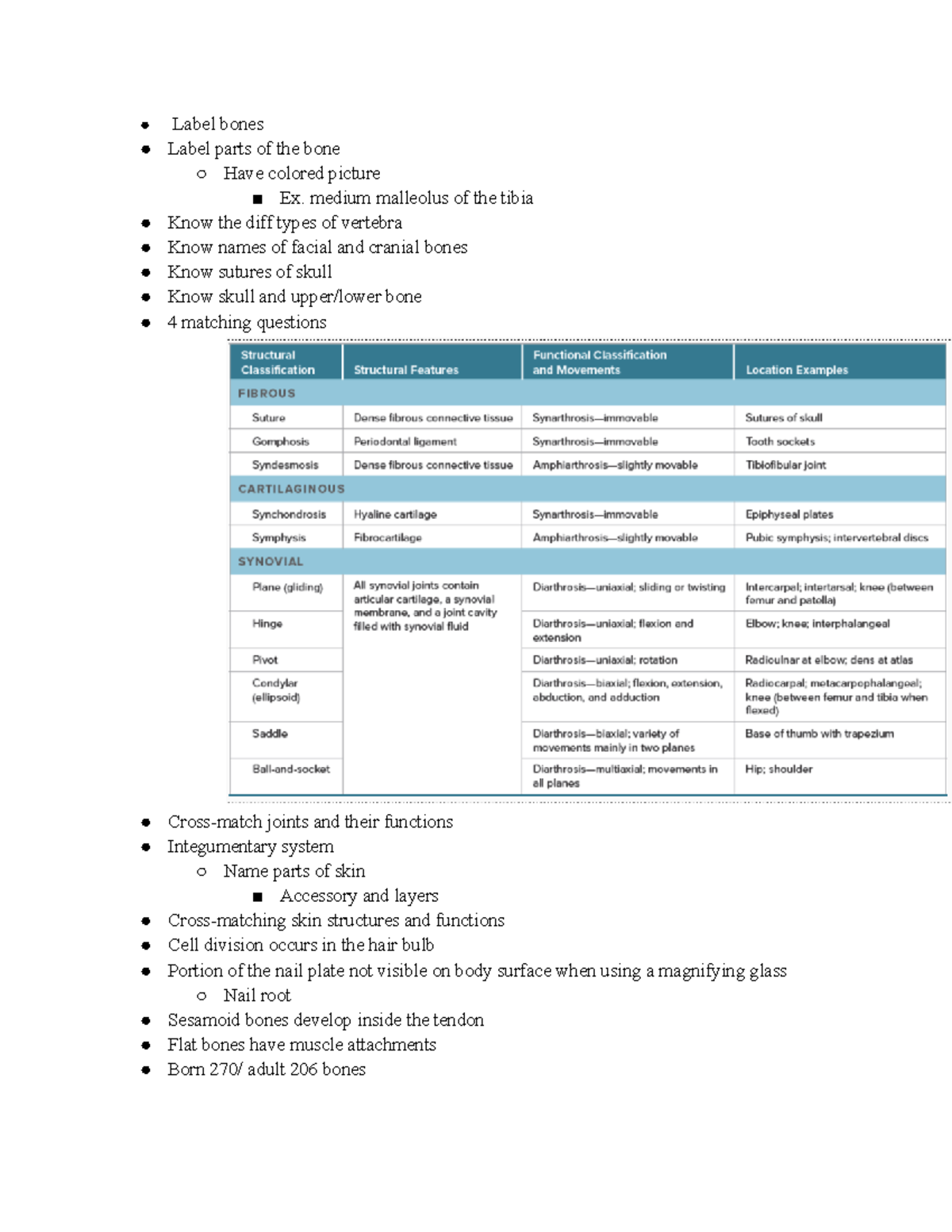 BIO 2101 Final Lab Notes: Anatomy of Bones and Integumentary System ...