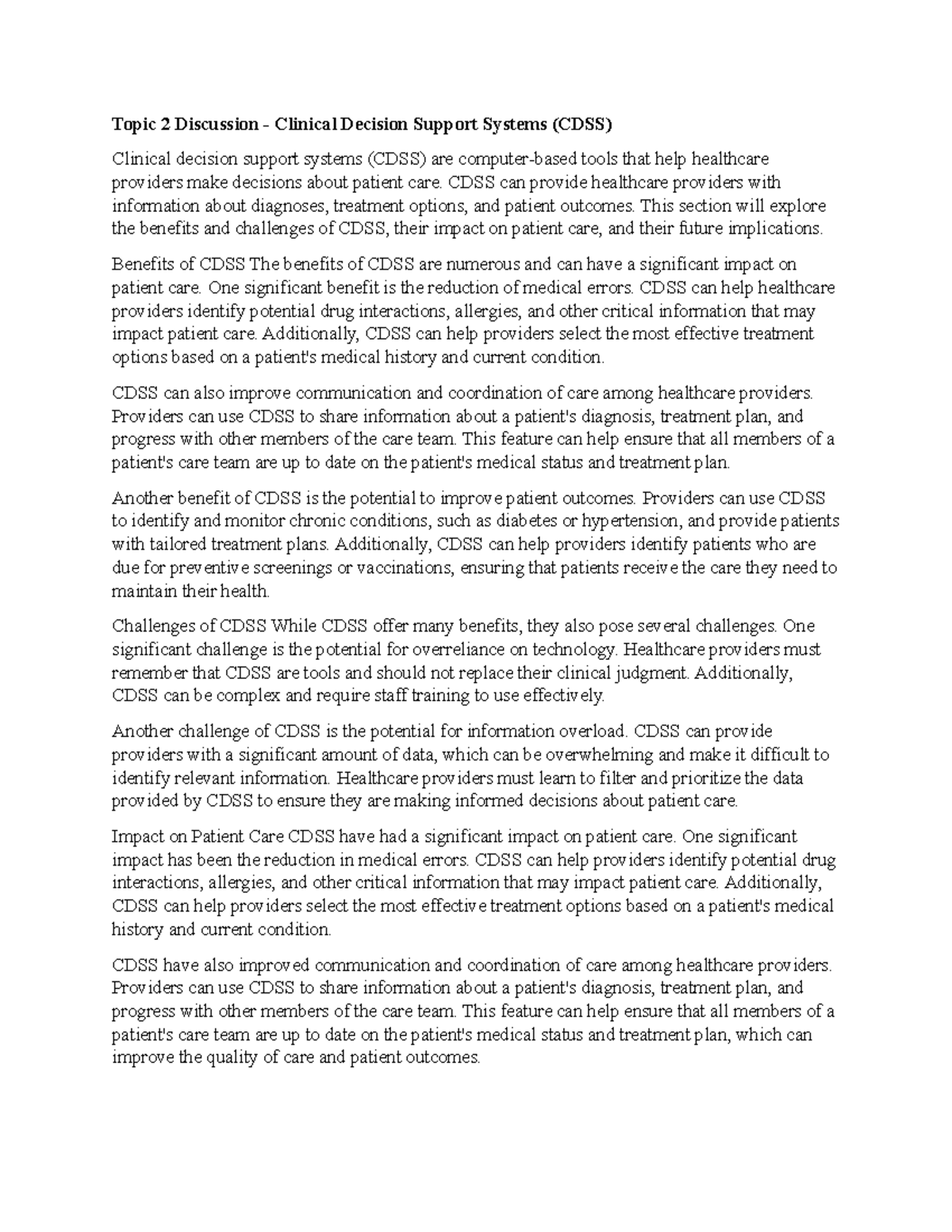 Topic 2 Discussion: Insights into Clinical Decision Support Systems ...