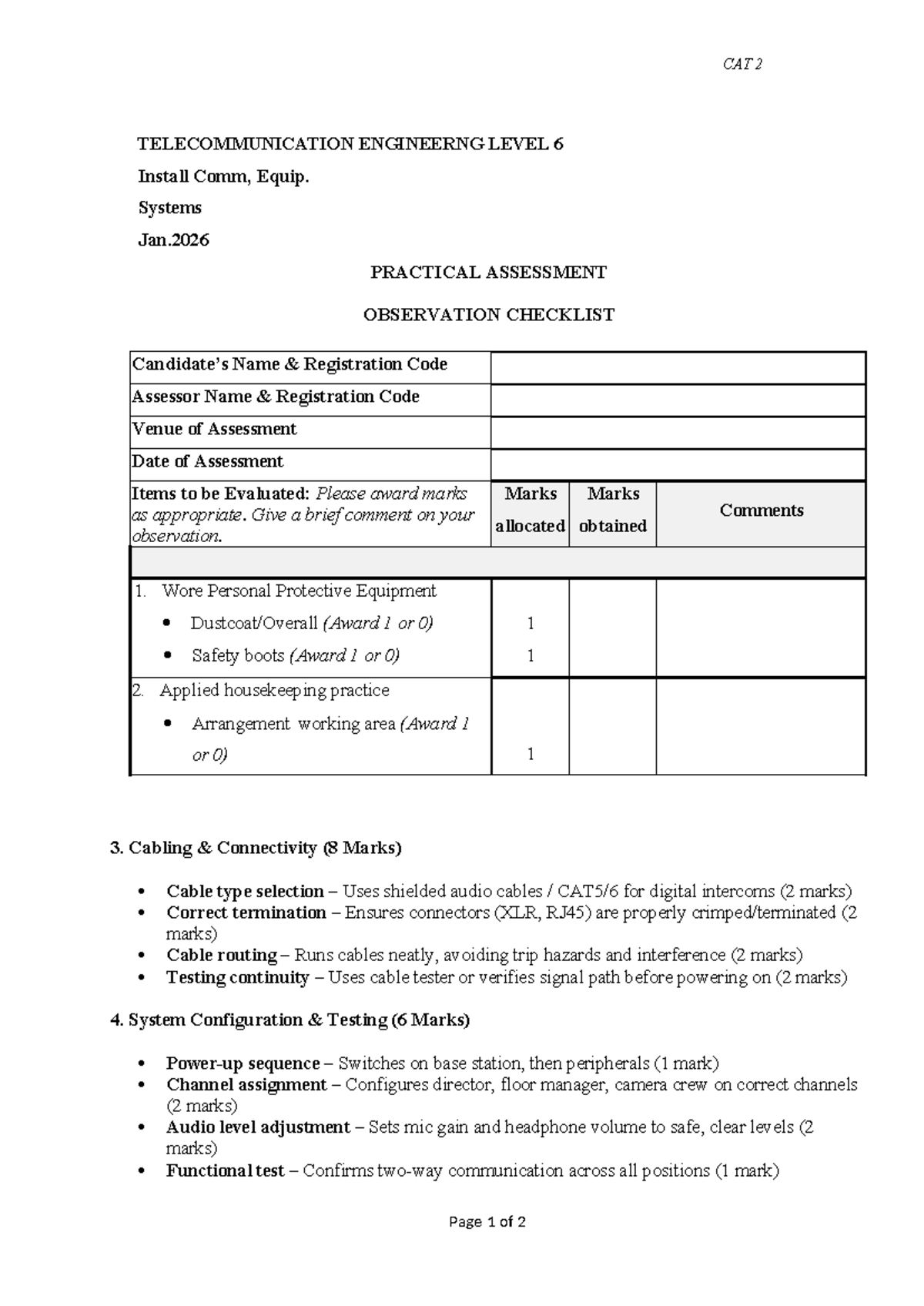 CAT 2 TELECOMMUNICATION ENGINEERING LEVEL 6 Practical Assessment ...