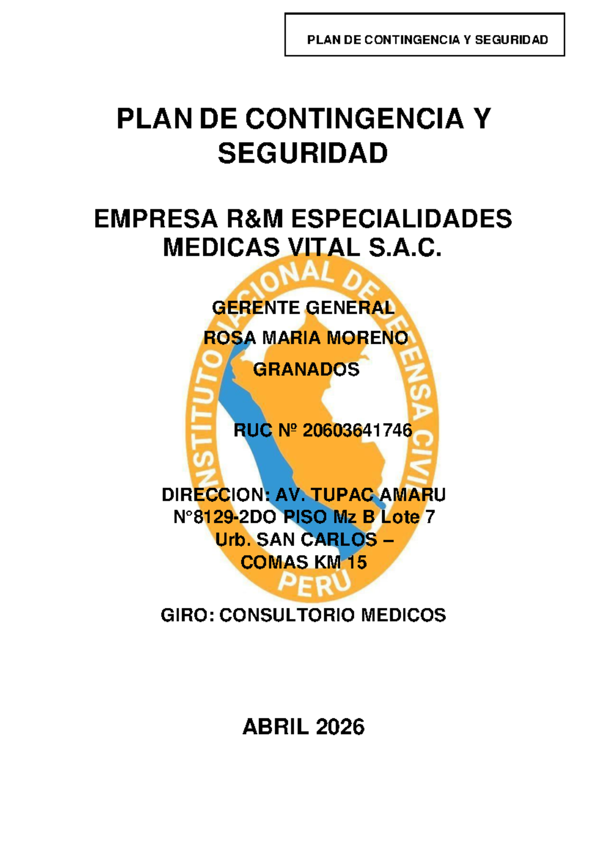 PLAN DE CONTINGENCIA Y SEGURIDAD - EMPRESA ESPECIALIDADES MEDICAS VITAL ...