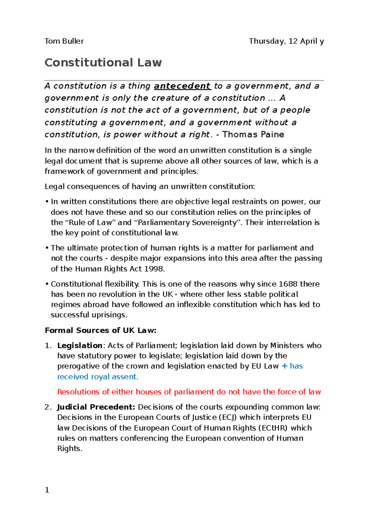 Public Law (LAW101) Comprehensive Course Notes on Constitutional Law ...