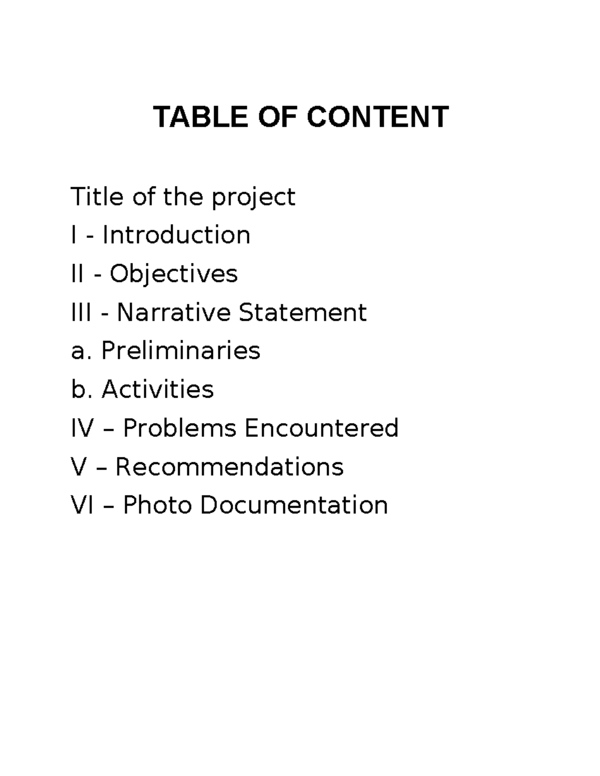 Table Of Contents In Narrative Report