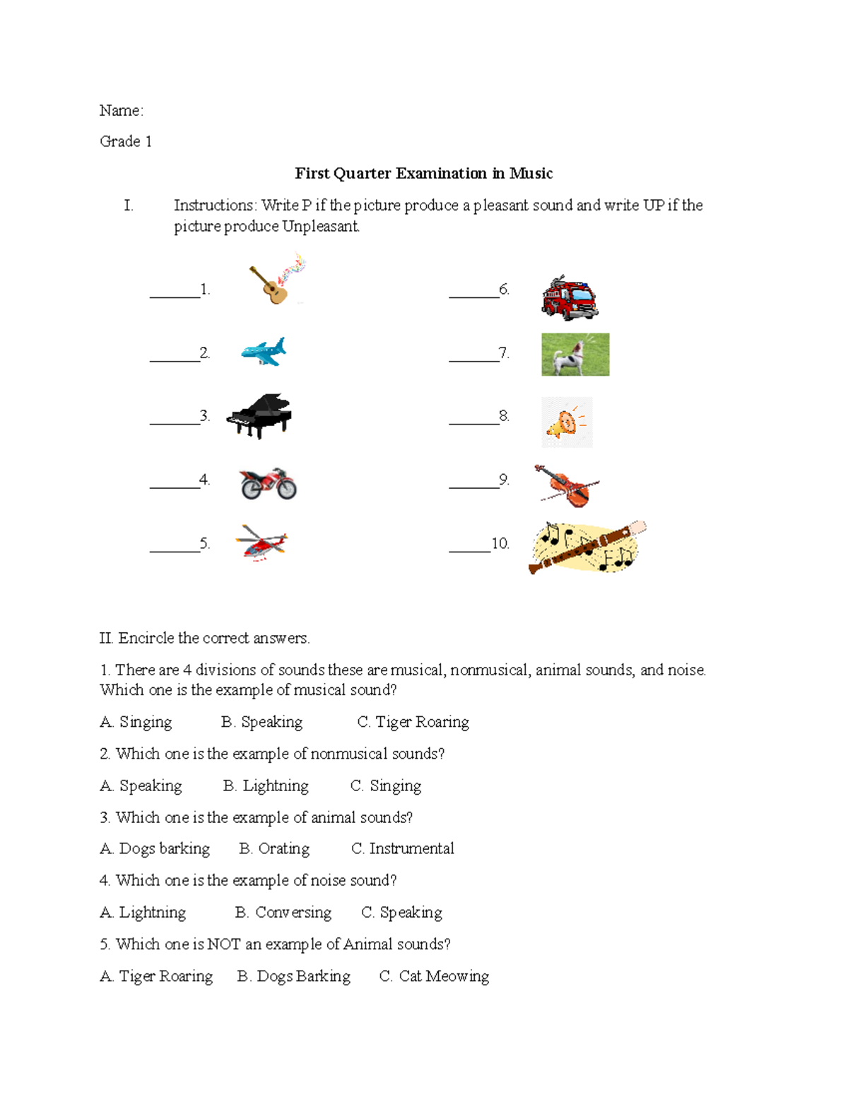 First Quarter Exam in Music 1: Sound Classification & Identification ...