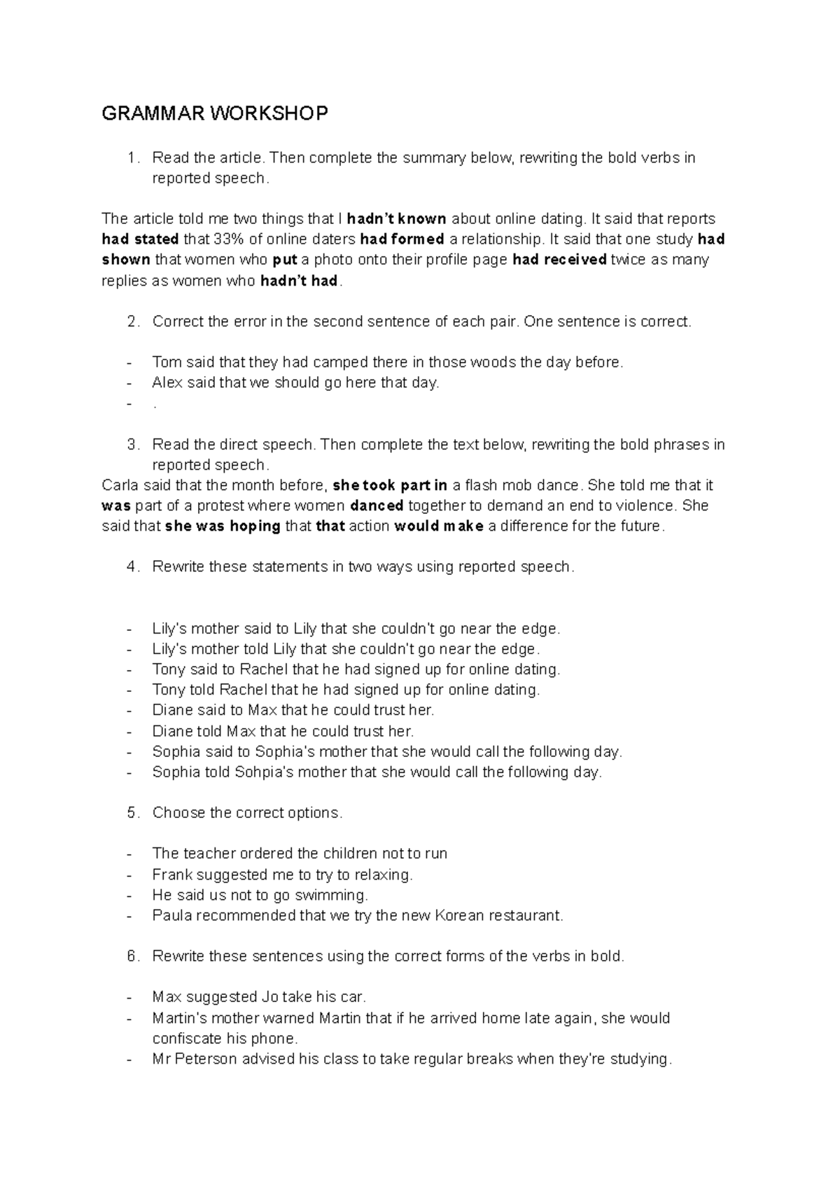 Grammar Workshop U - Reported Speech Exercises and Corrections - Studocu