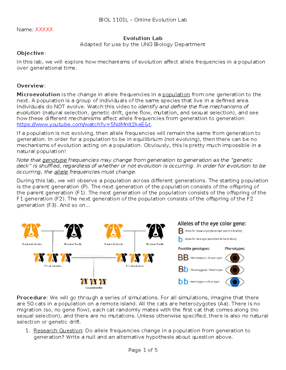 BIOL 1101L Online Evolution Lab: Exploring Microevolution Mechanisms ...