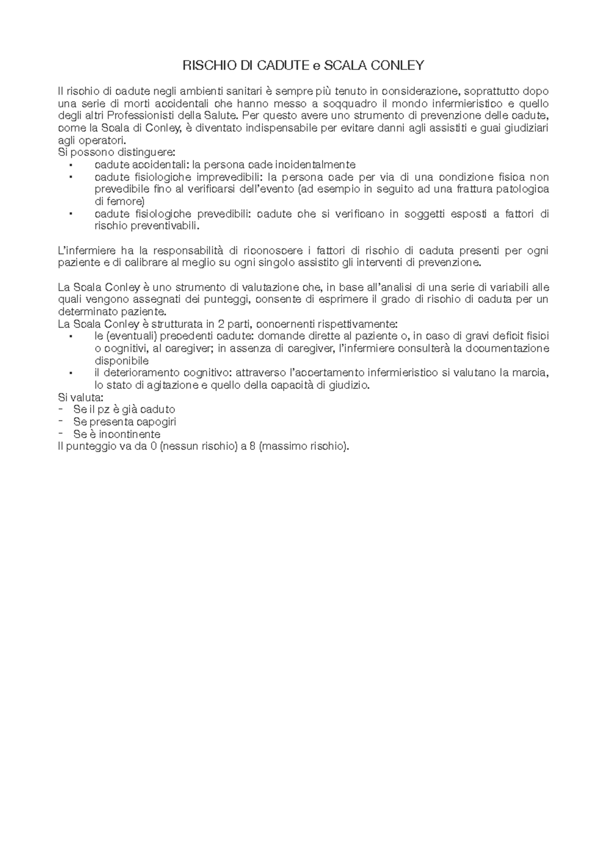 Scala Conley: Valutazione del Rischio di Cadute in Ambienti Sanitari ...