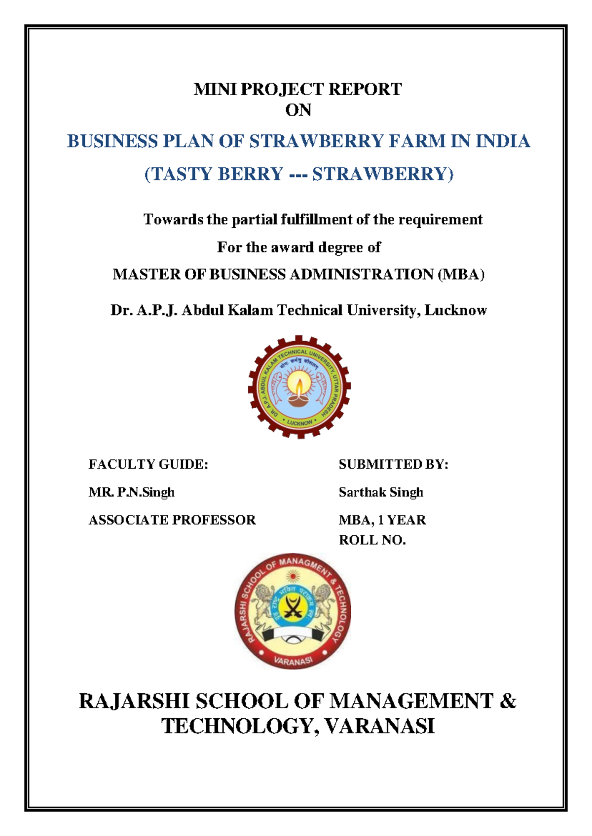MBA Mini Project: Business Plan for Strawberry Farming in India - Studocu