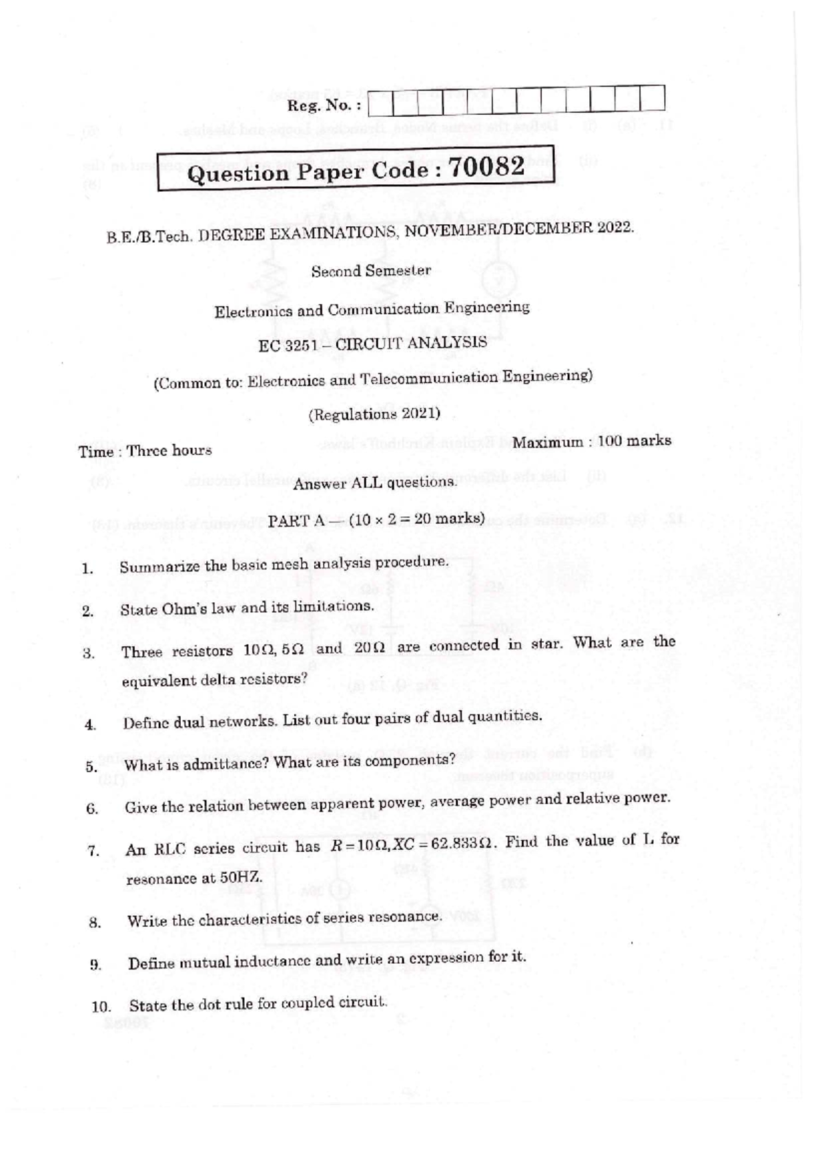 EC 3251 Circuit Analysis - Degree Exam Question Paper 2022 - Studocu
