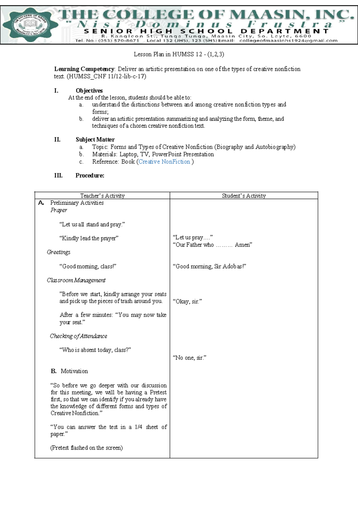 Lesson Plan: Creative Nonfiction (Biography & Autobiography) HUMSS 12 ...