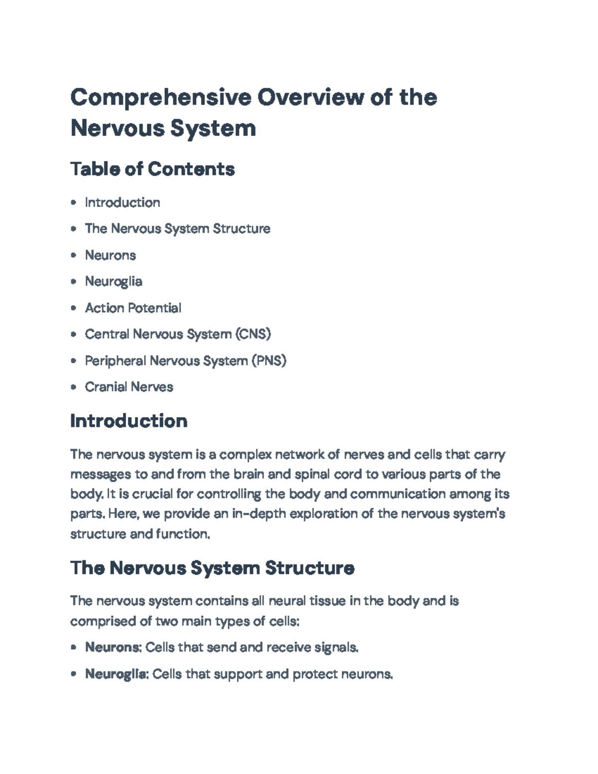 Comprehensive Overview of the Nervous System (BIO101 Lecture Notes ...