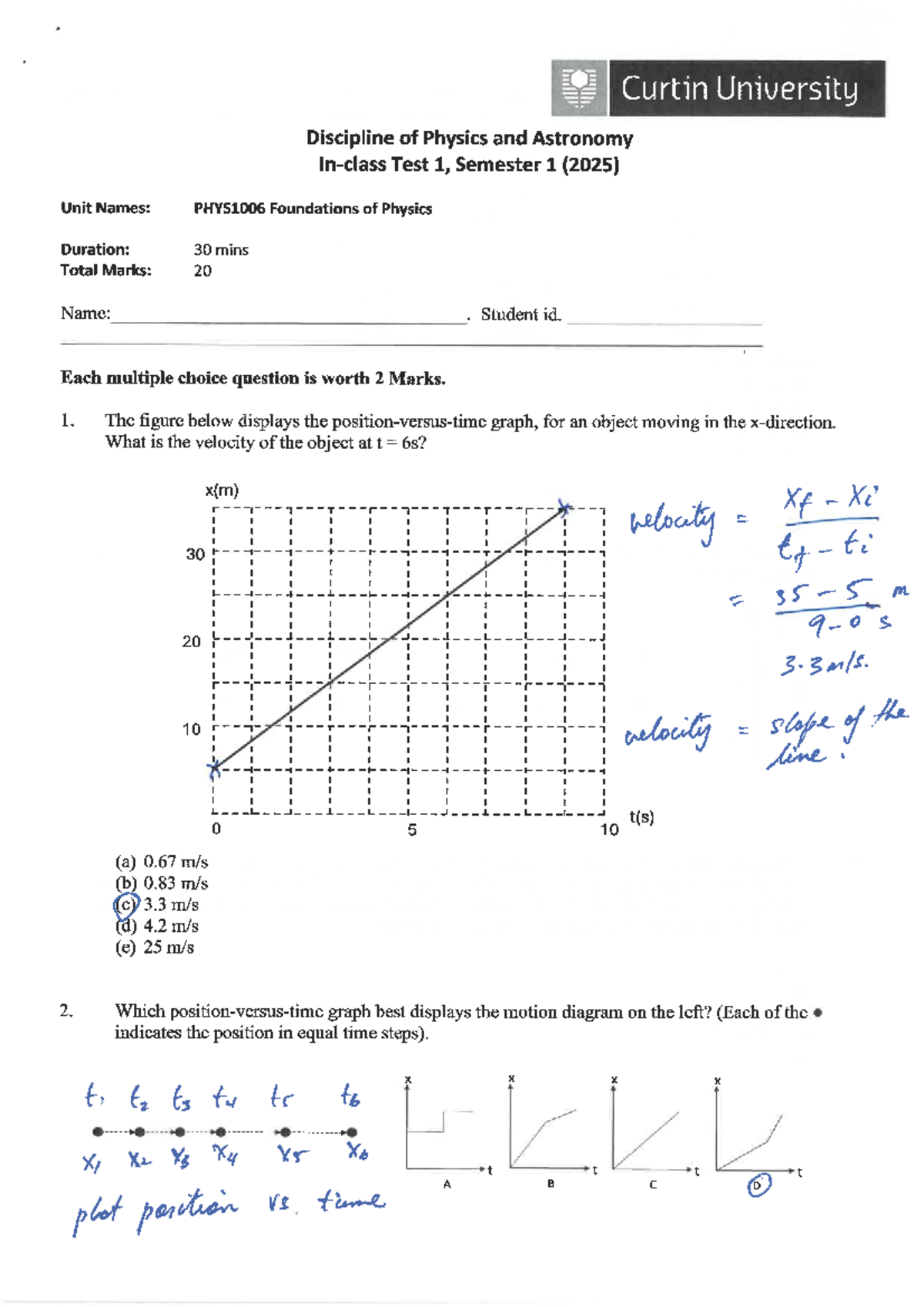 PHYS1006 Foundations of Physics Test 1 Solutions (2025) - Studocu