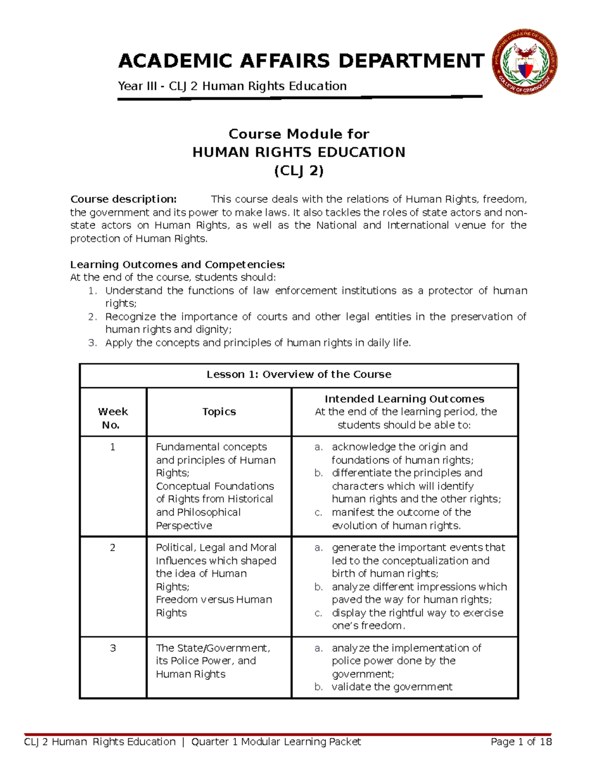 CLJ2 - Week 1 to 2: Overview of Human Rights Concepts and Principles ...