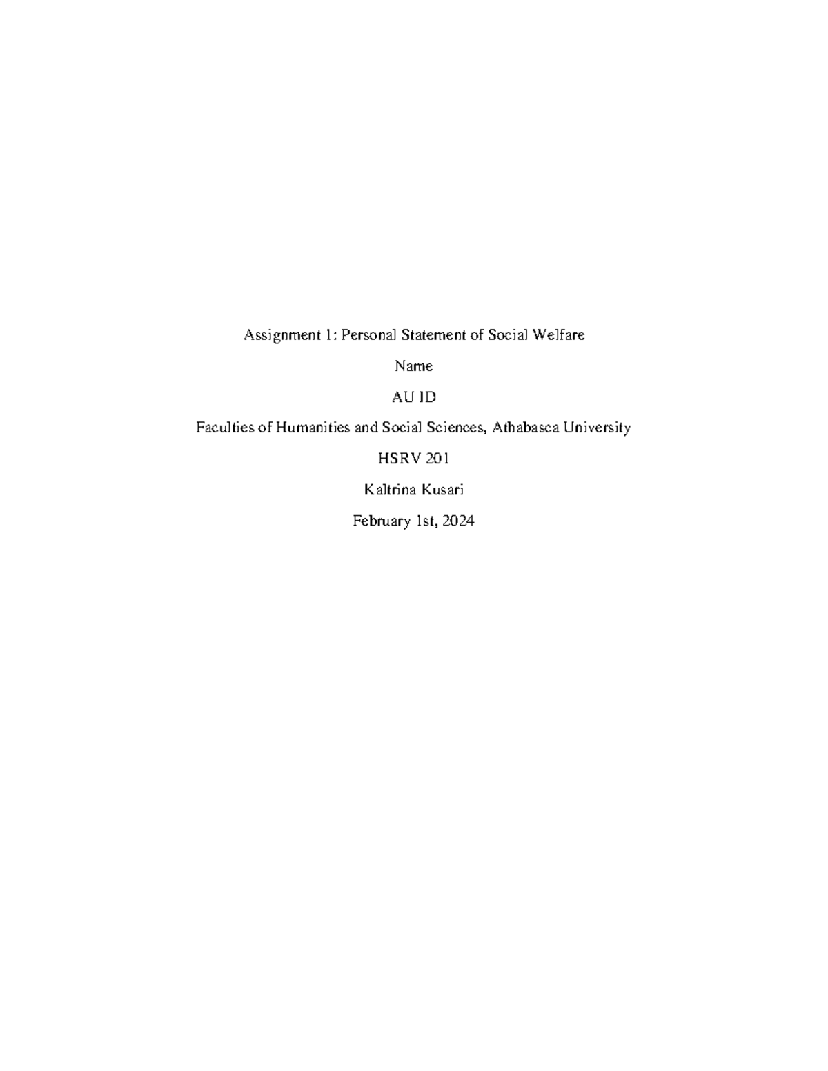 HSRV 201 Assignment 1: Personal Statement on Social Welfare - Studocu