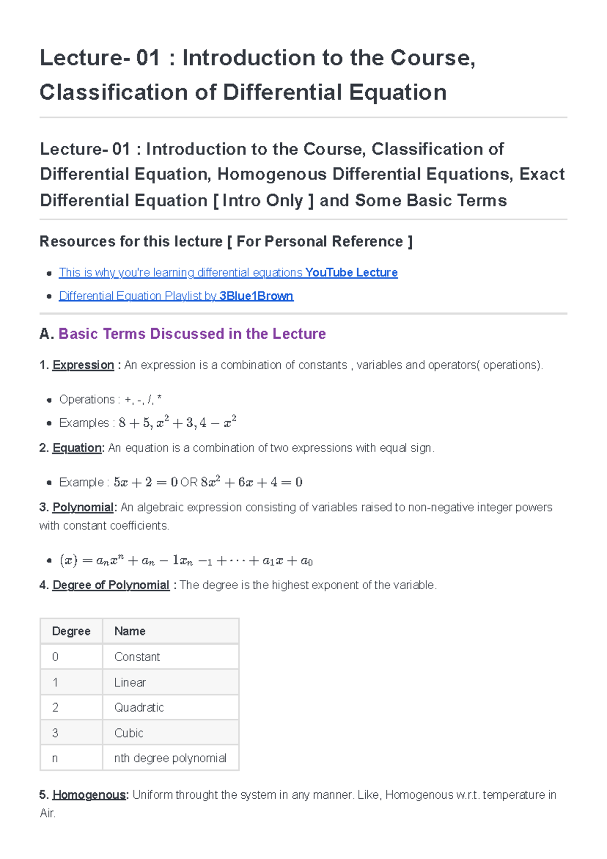 Lecture 01: Intro to Differential Equations & Classifications - Studocu