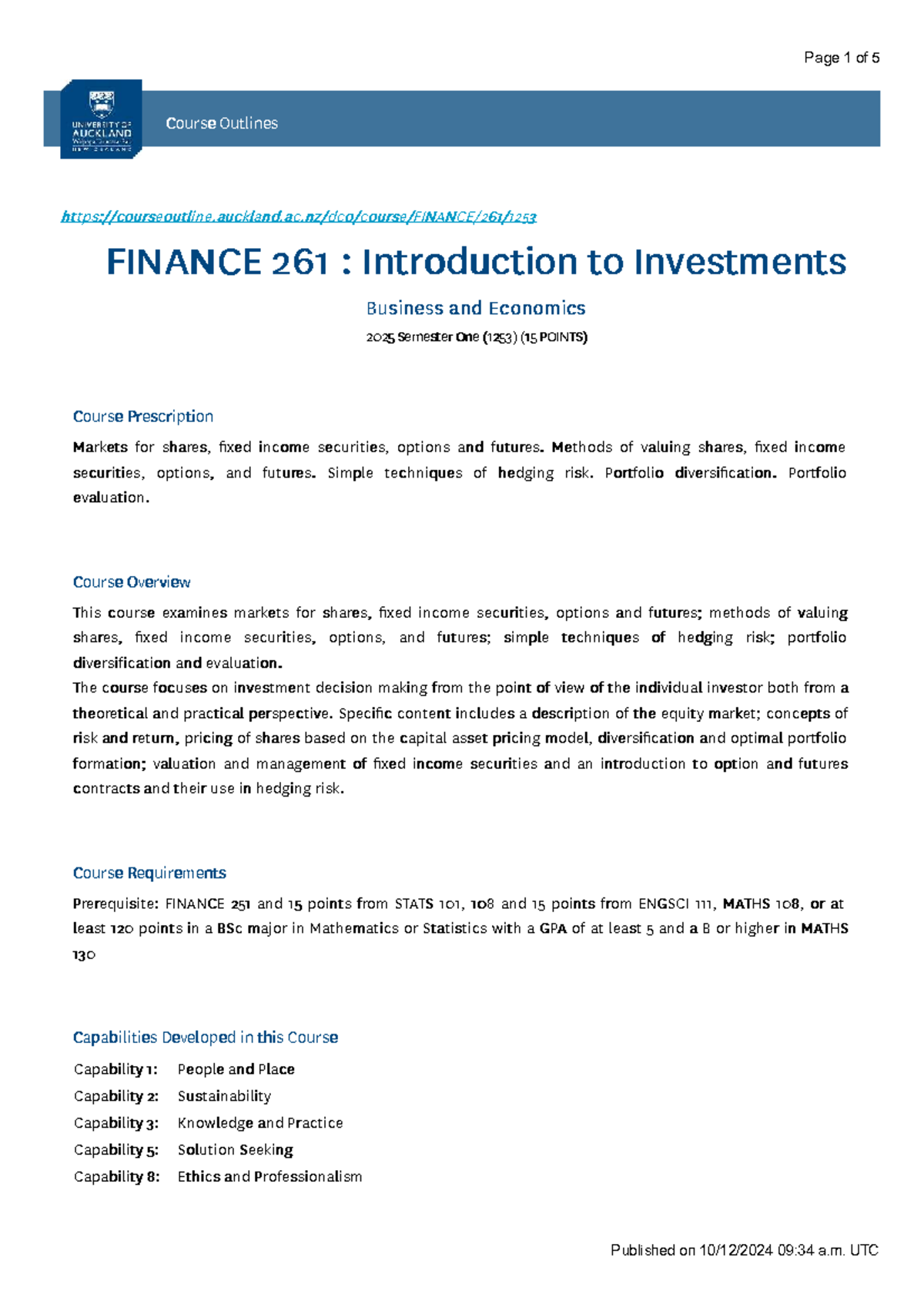 Finance 261: Intro to Investments - Course Outline for 2025 Semester ...
