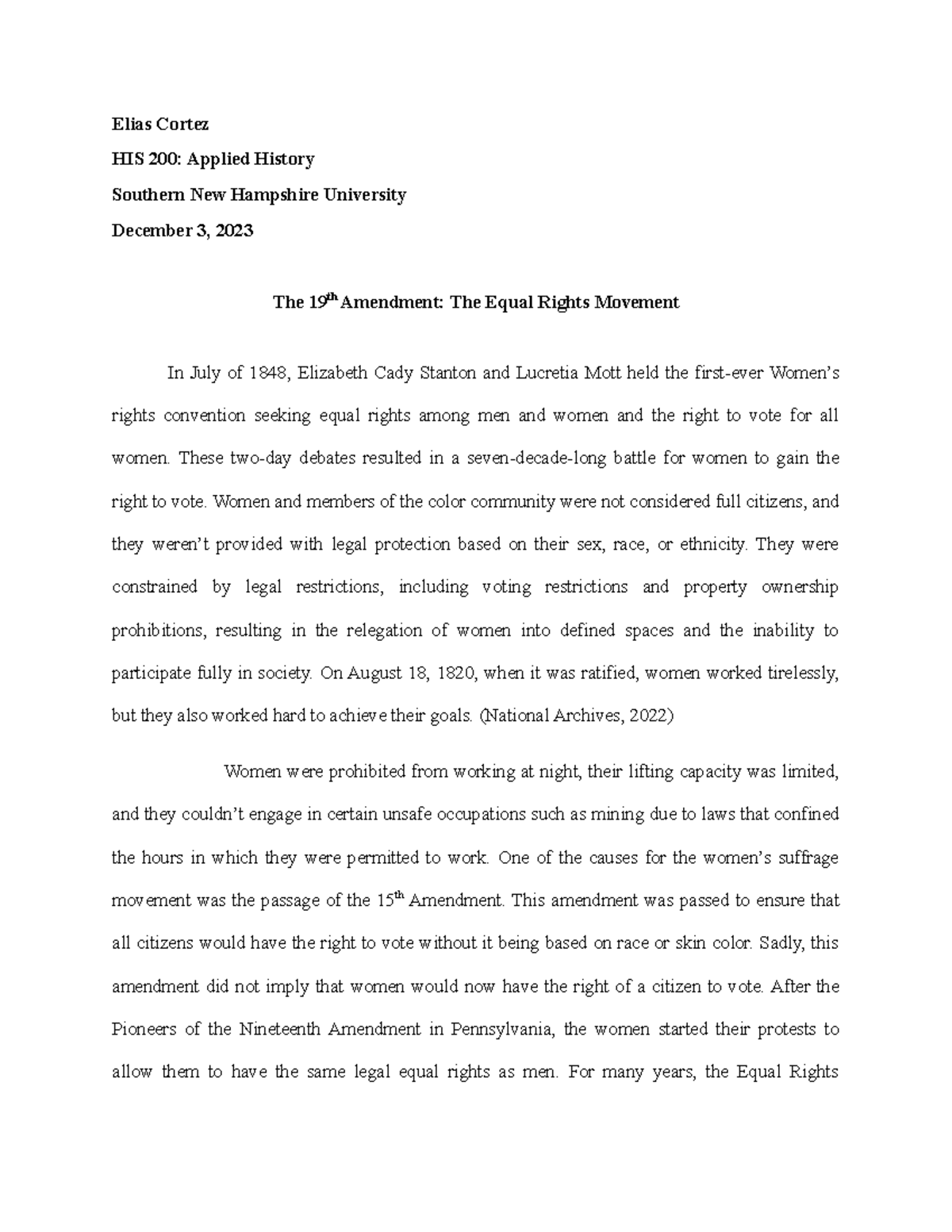 HIS 200: Historical Analysis Essay Progress Check on the 19th Amendment ...