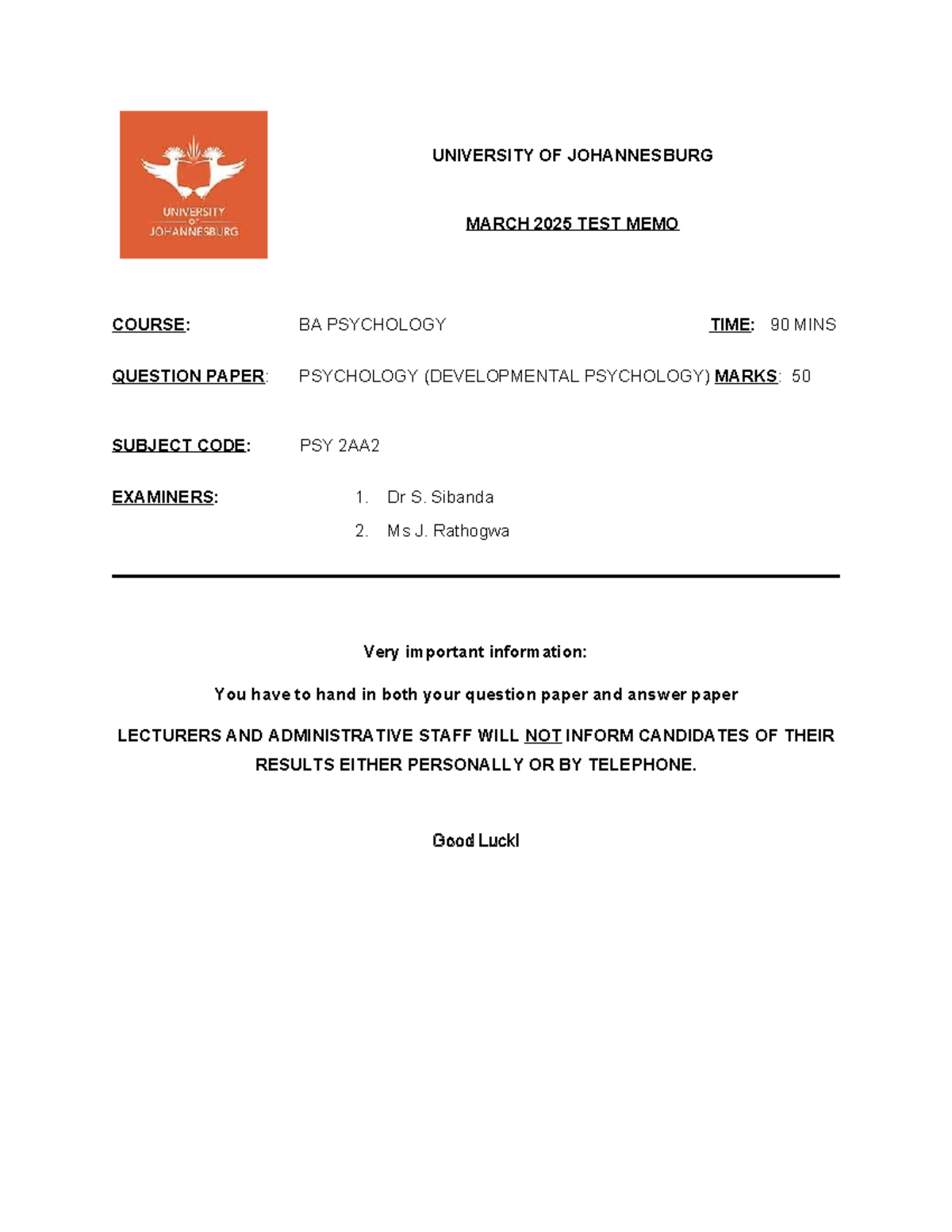 March 2025 Test Memo: PSY 2AA2 Developmental Psychology Exam Insights ...