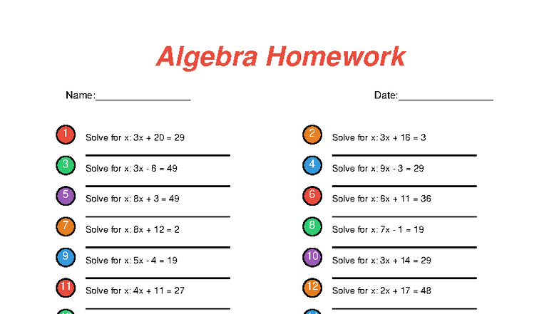 Algebra Homework 1: Solving for x and Word Problems - Studocu