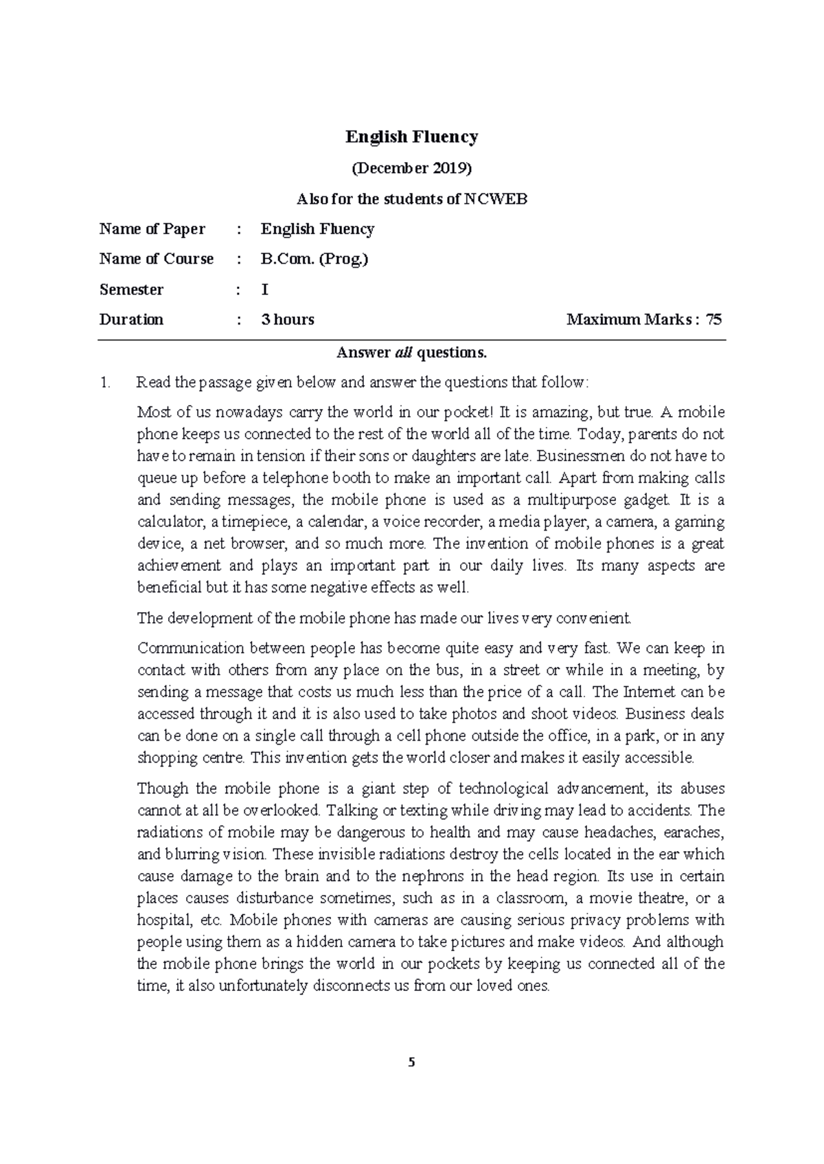 English Fluency Exam Paper - B. (Prog.) I Sem (Dec 2019) - Studocu