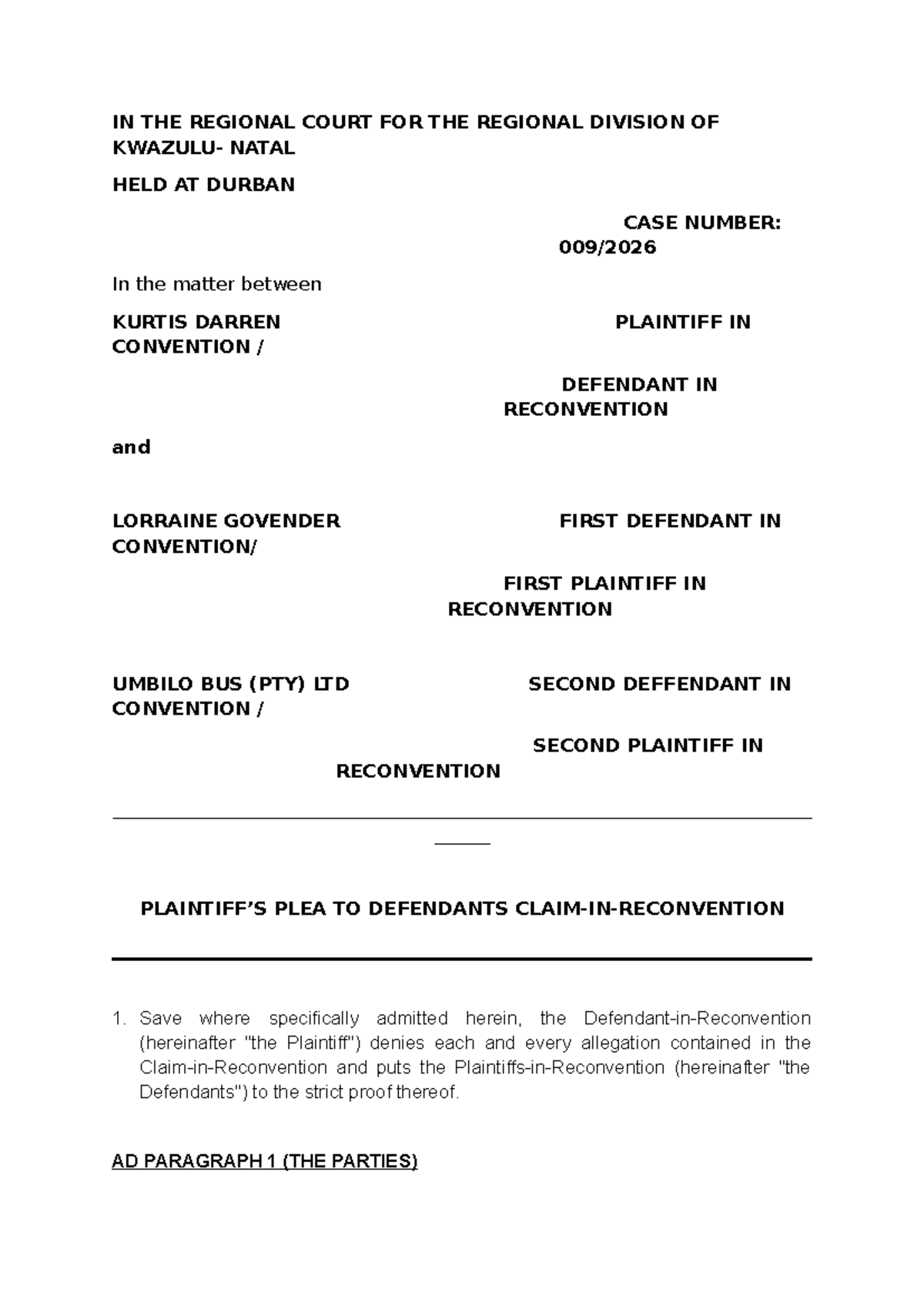 Plea to Counterclaim - Moot Court Drafting Document - Studocu