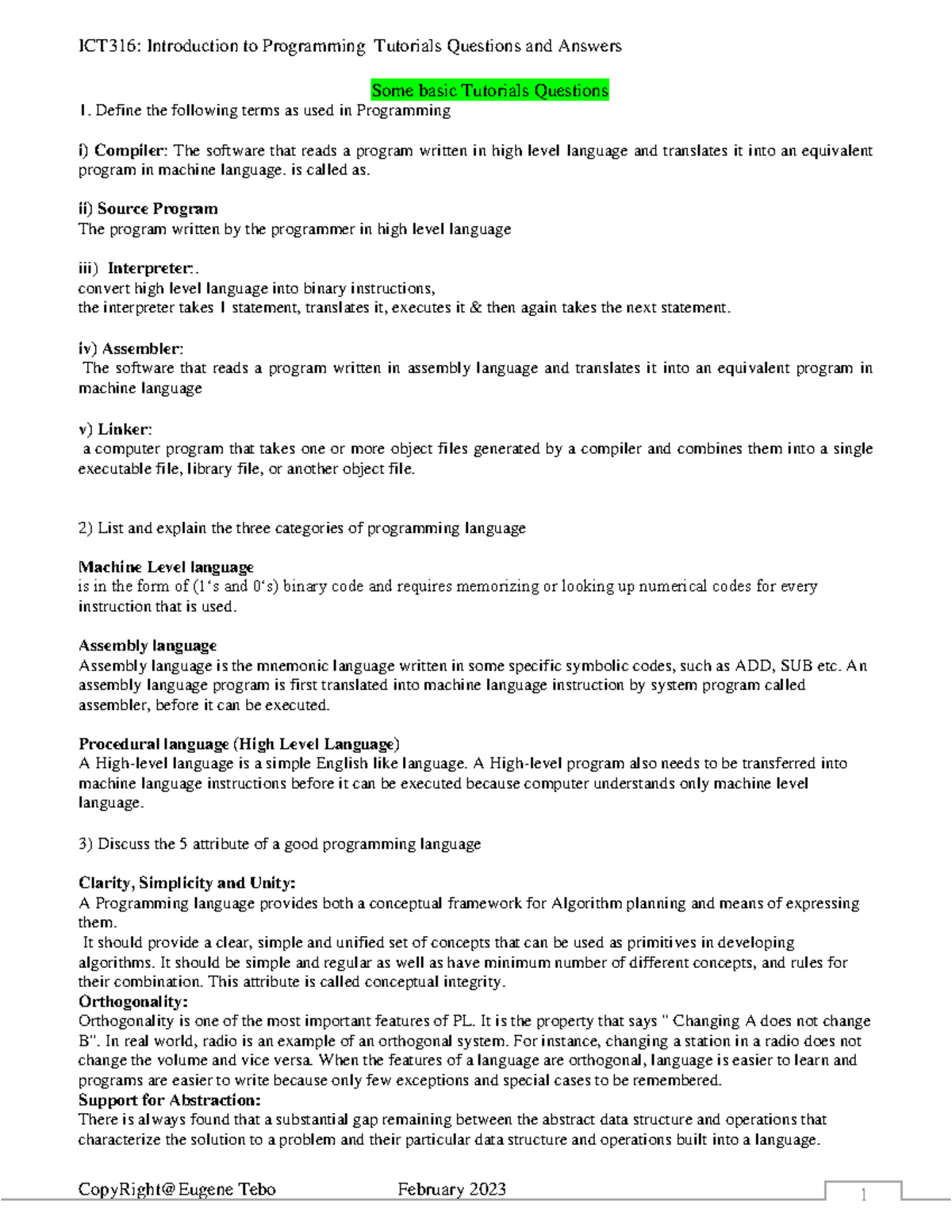 ICT316: Intro to Programming Tutorial Questions & Solutions - Studocu