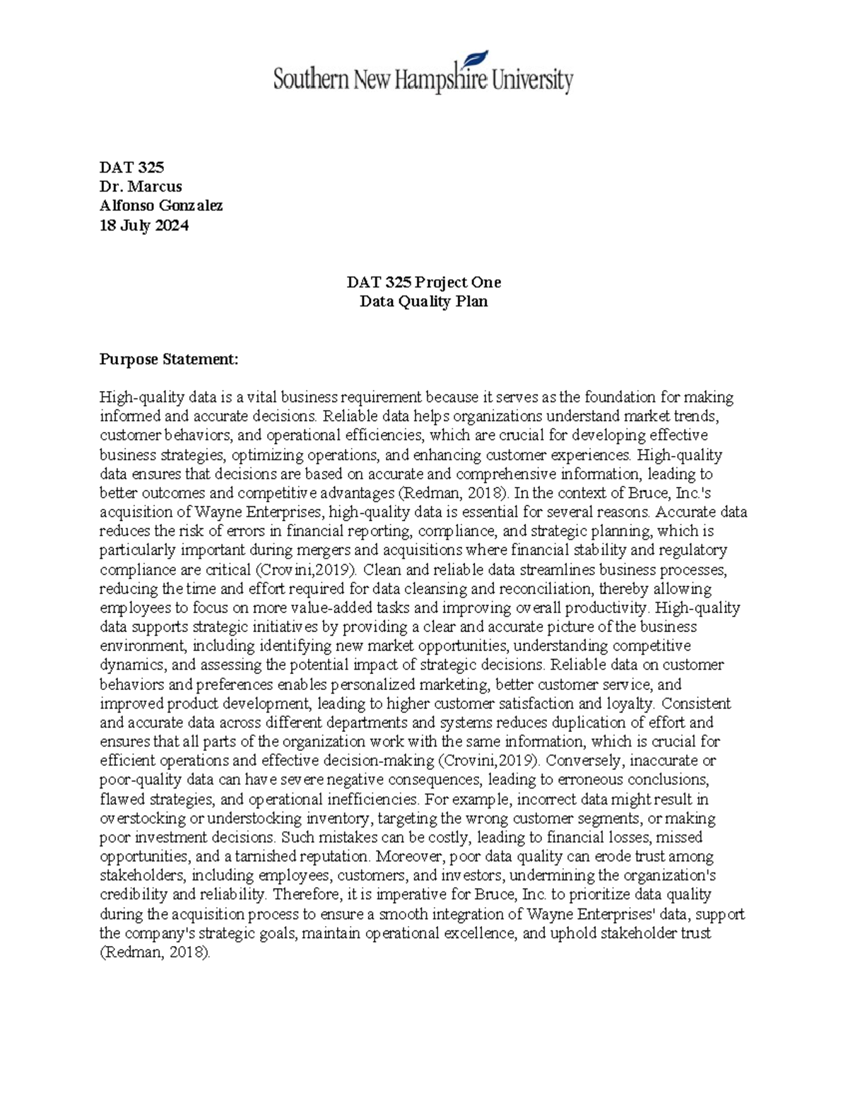 DAT 325 Module 3 Project One: Data Quality Plan for Bruce, Inc. - Studocu