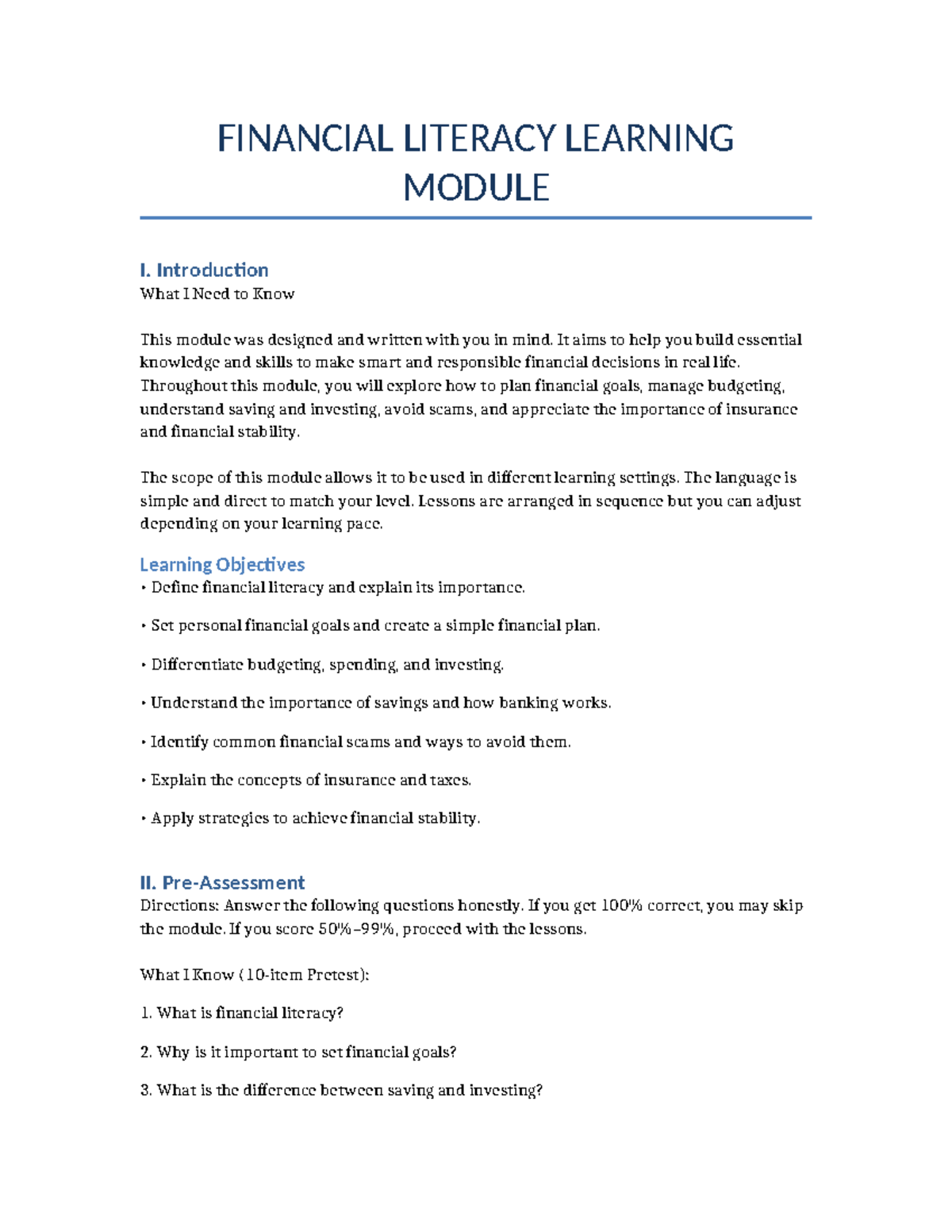 FIN 101: Financial Literacy Learning Module I - Essential Skills for ...