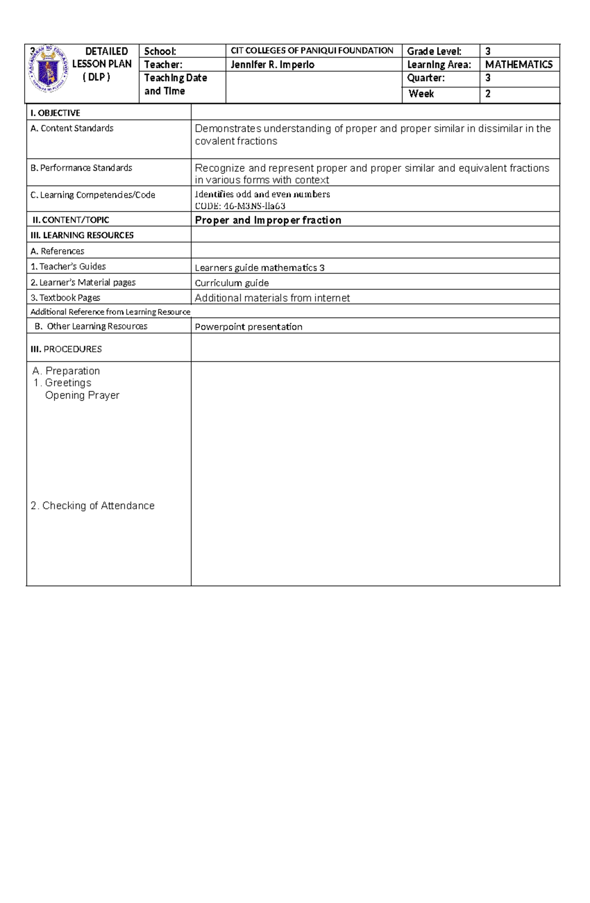 Q3 MATH DLP - Lesson Plan on Proper & Improper Fractions - Studocu