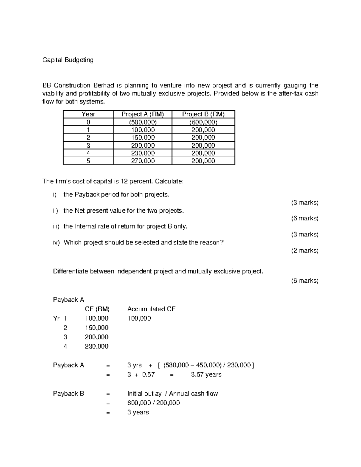 Capital Budgeting Analysis for Projects A & B - FIN420 - Studocu