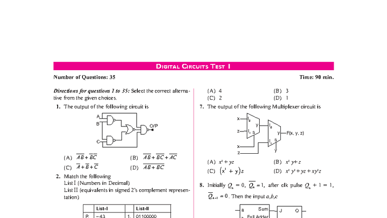 Digital Circuits Test 1 (Course Code: DC101) - Questions and Answers ...