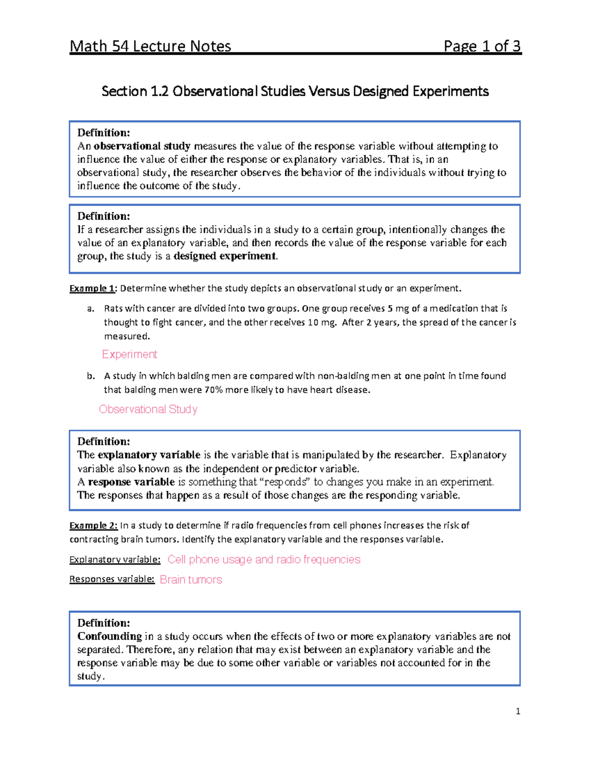 Math 54 Lecture Notes: Observational Studies vs. Designed Experiments ...