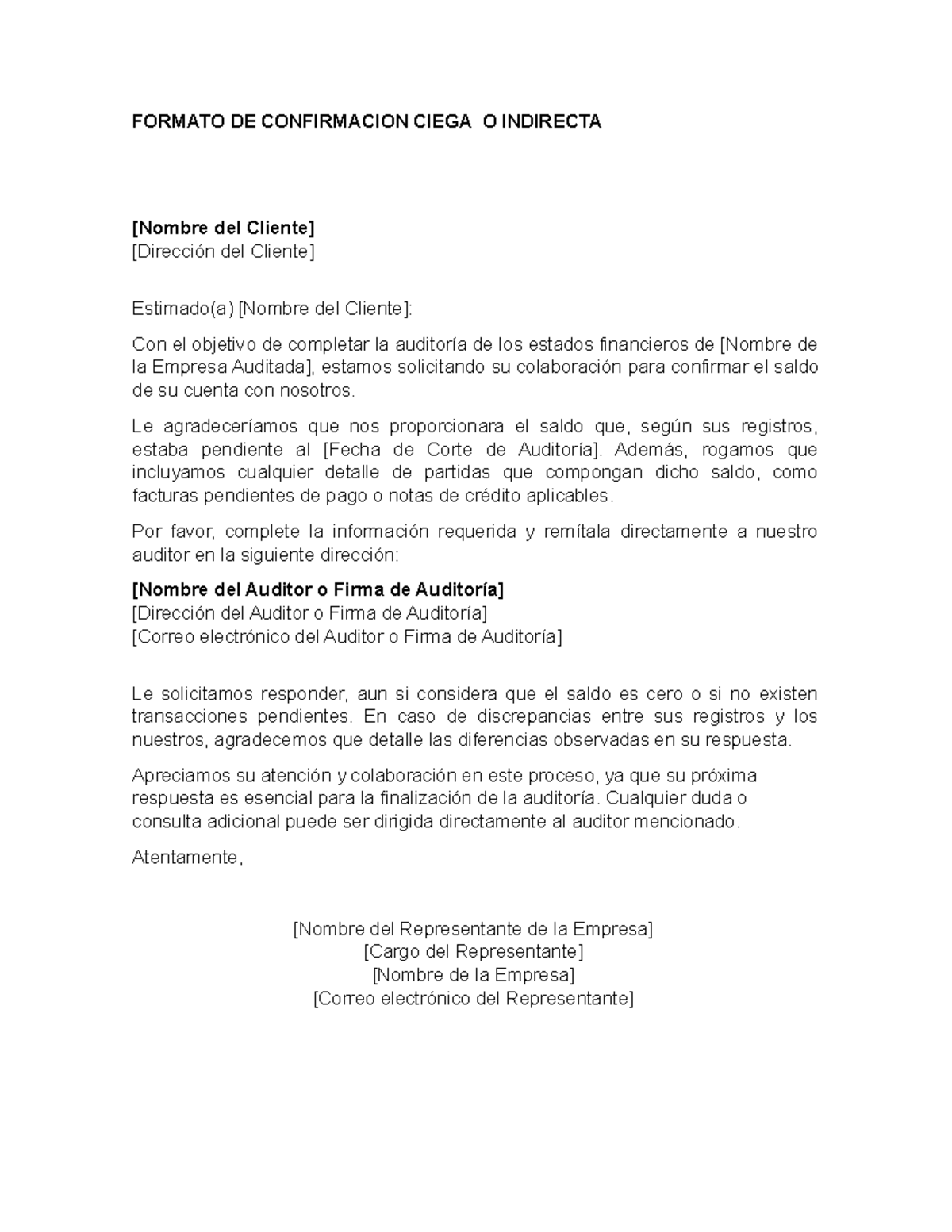 Formato de Confirmación Ciega o Indirecta para Auditoría Financeira ...
