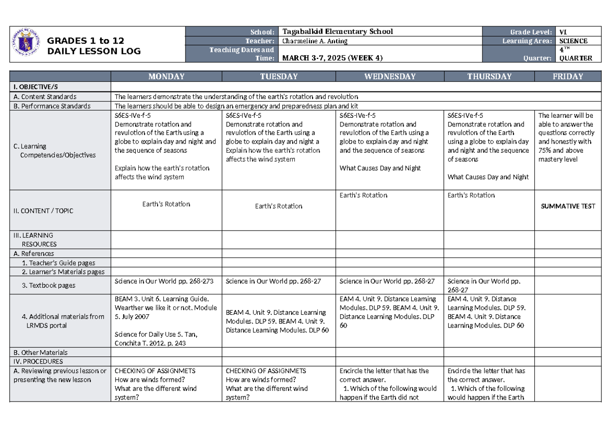 DLL Science 6 Q4 W4 - daily lesson log - GRADES 1 to 12 DAILY LESSON ...