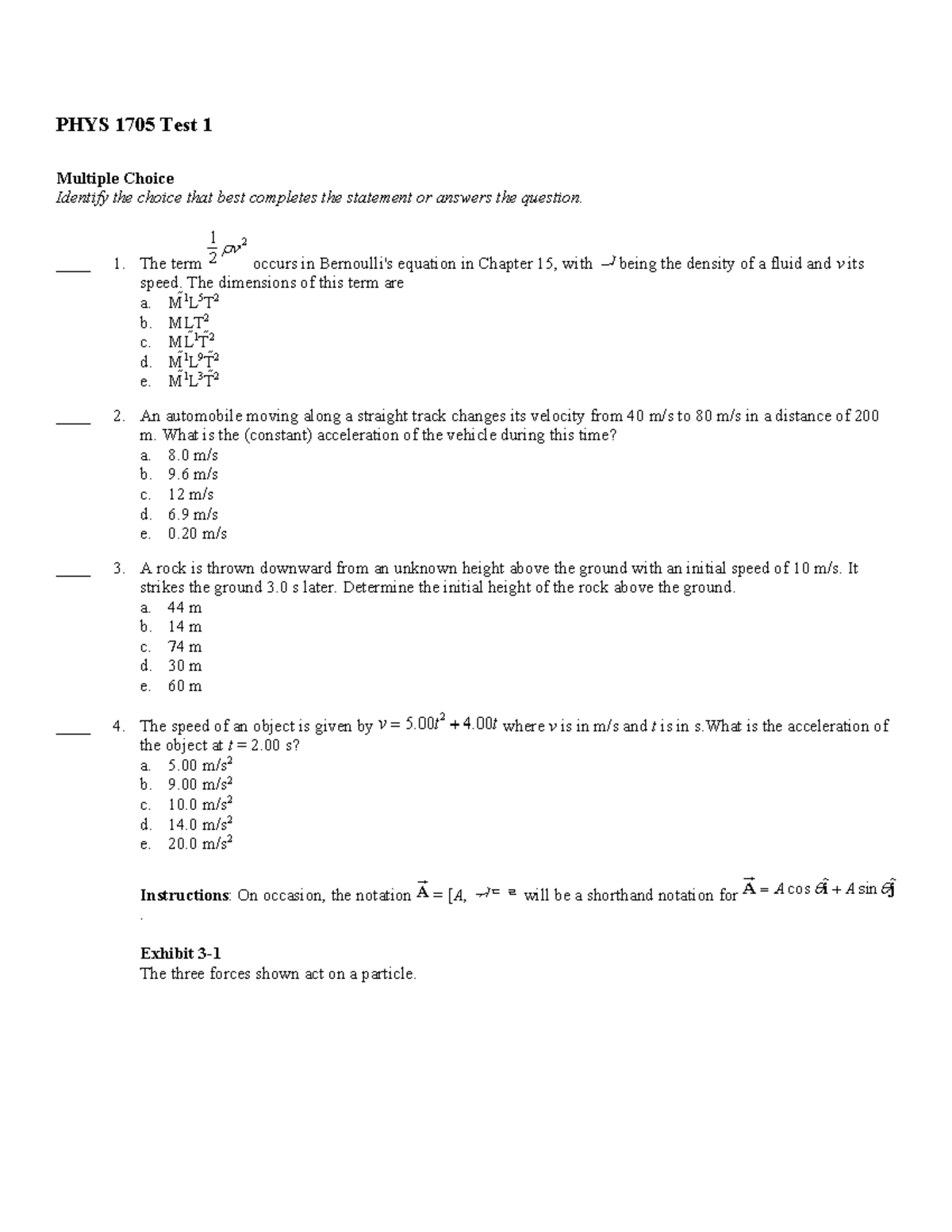 PHYS 1705 Fall 2014 Test 1 - MCQ Review and Answers - Studocu