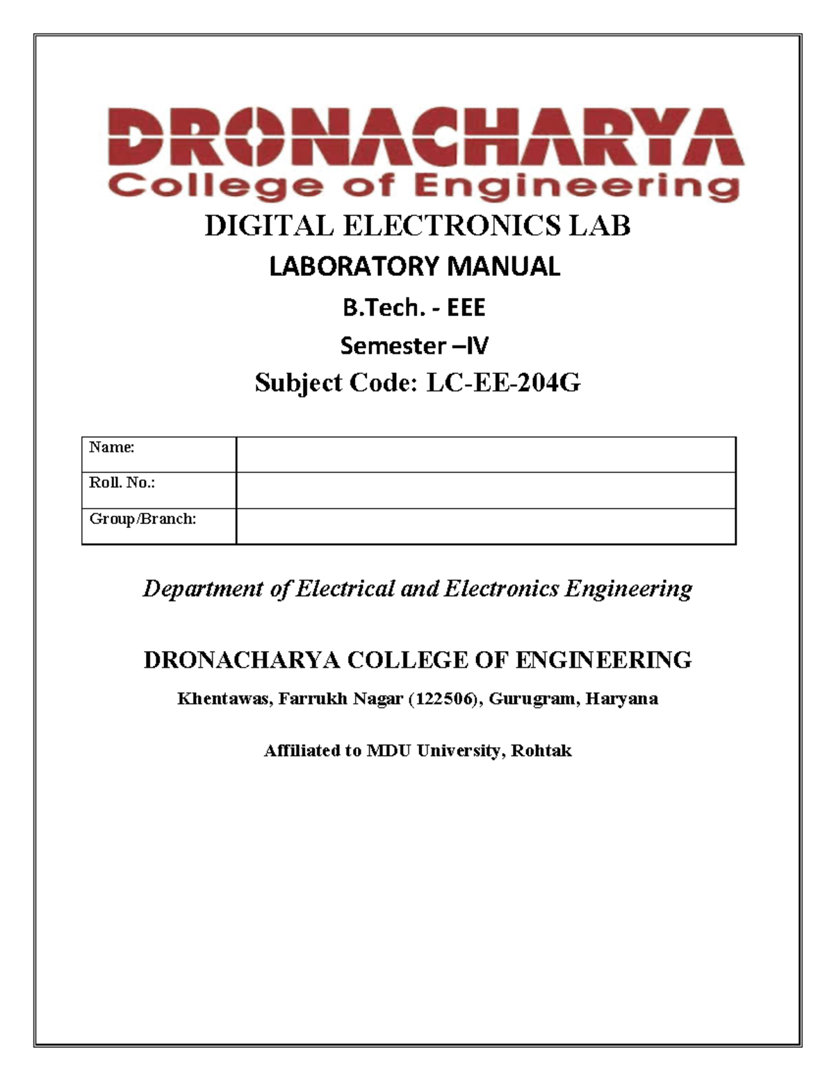 Digital Electronics Lab Manual: EEE IV Sem (Code: LC-EE-204G) - Studocu