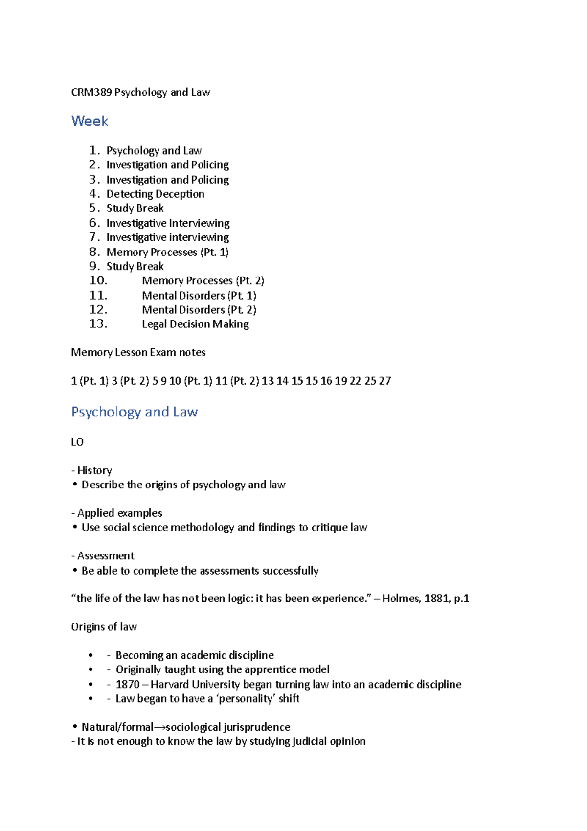 CRM389 Psychology and Law EXAM Notes - CRM389 Psychology and Law Week ...