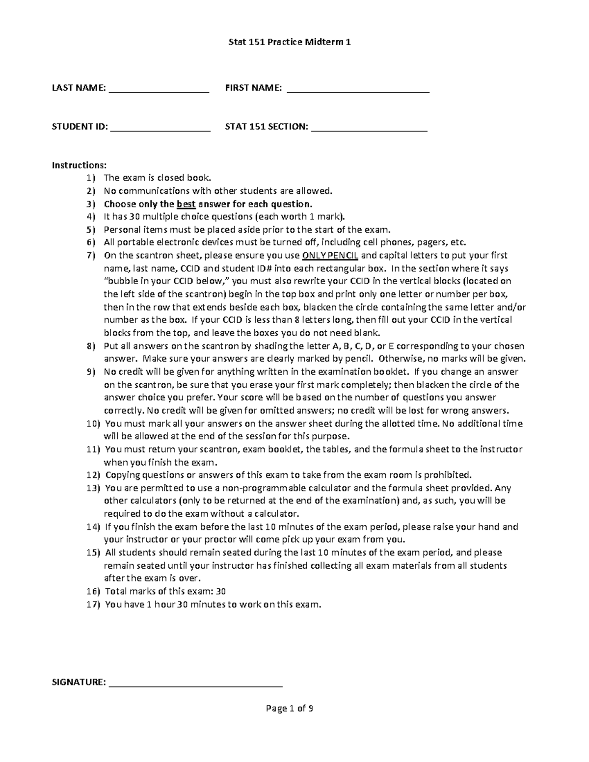 STAT 151 Practice Midterm 1 with Answers - Final Version - Studocu