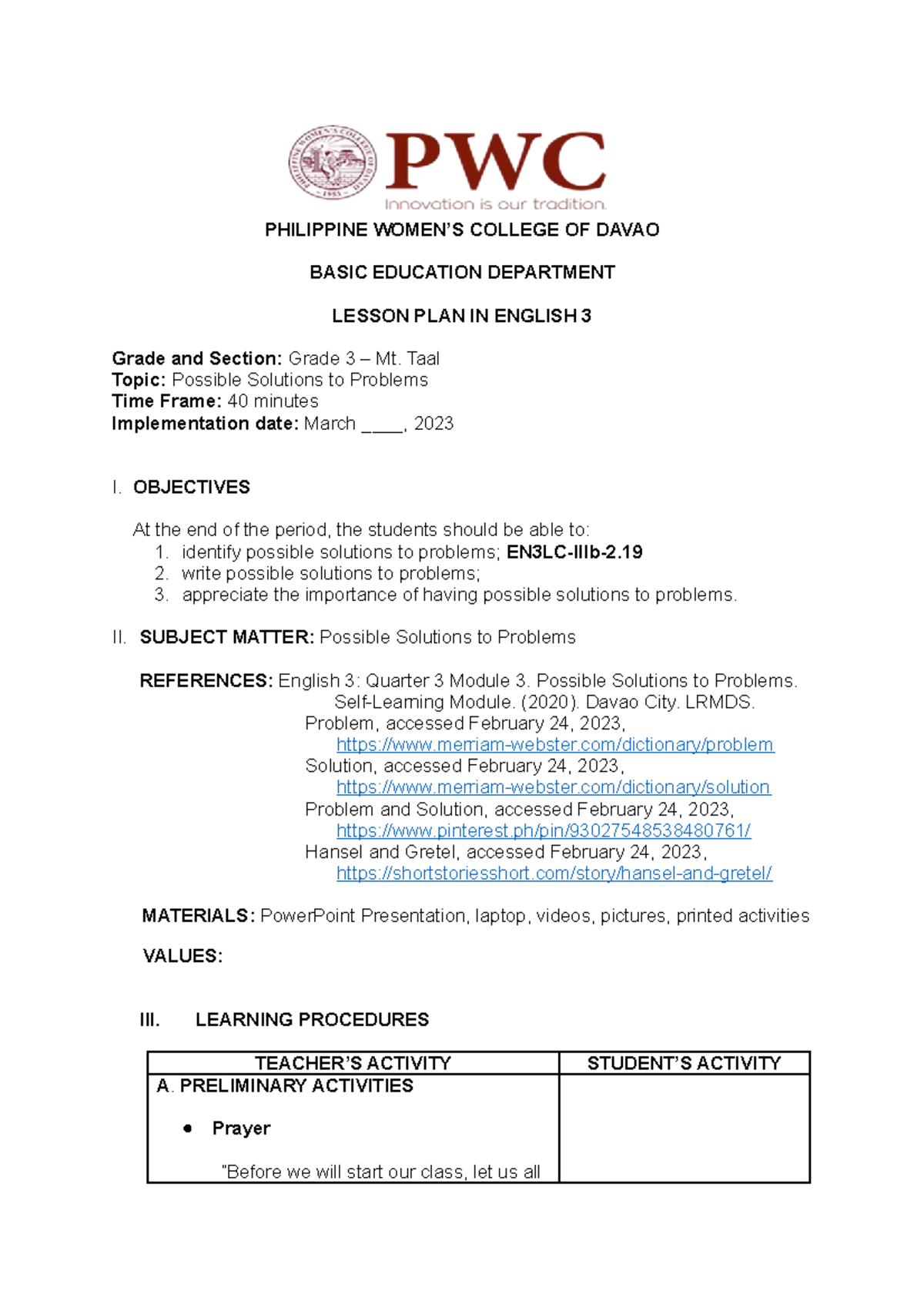 Lesson Plan in English 3: Possible Solutions to Problems (EN3LC-IIIb-2 ...